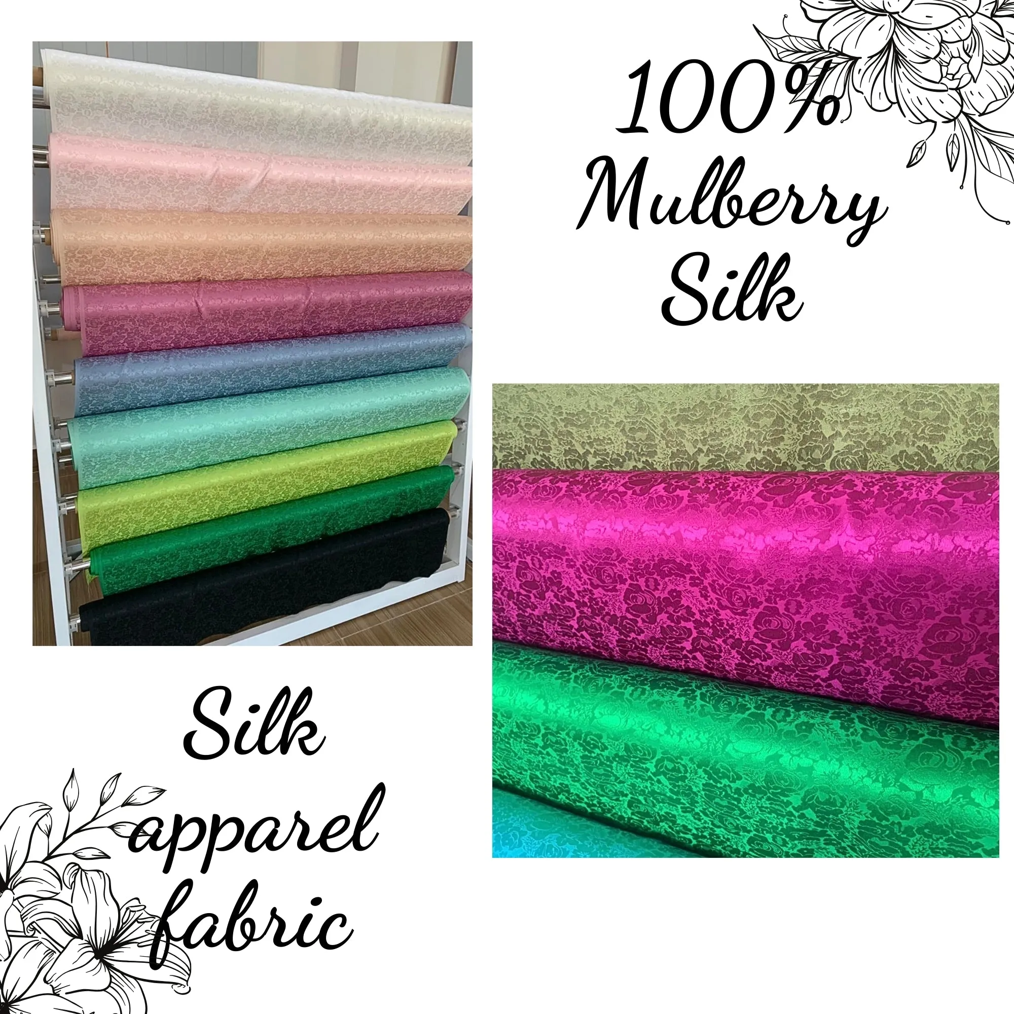 100% PURE MULBERRY SILK fabric by the yard – Floral silk fabric - Handmade fabric – Dress making – Silk for sewing - Gift for women - Jacquard fabric