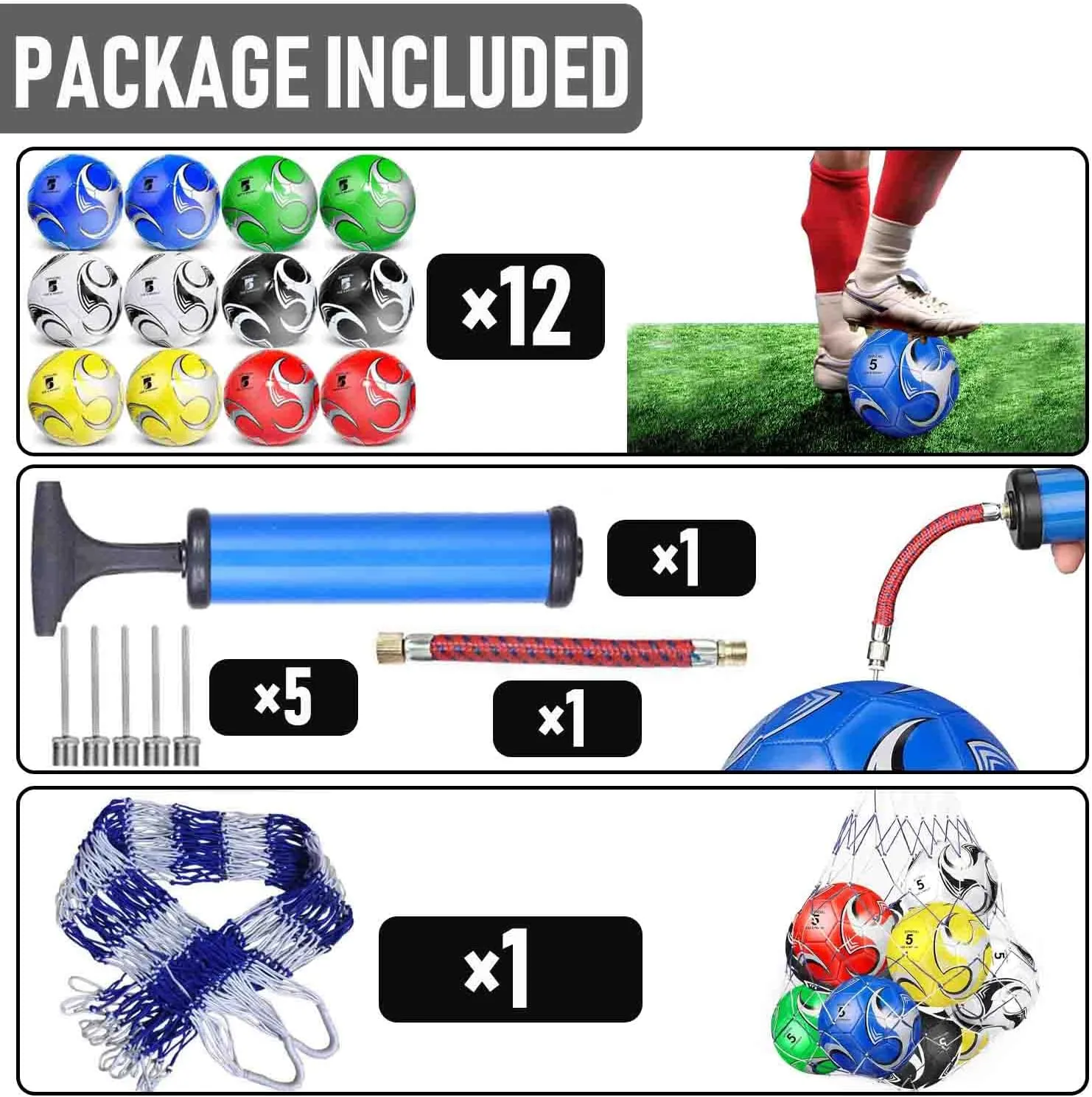 12-Pack Training Soccer Balls Size 5/4/3 with Pump  Bulk Deflated Balls for Teens and Adults, Ideal for Indoor Outdoor Practice, School Activities, Sports Events, Party Favors Gifts