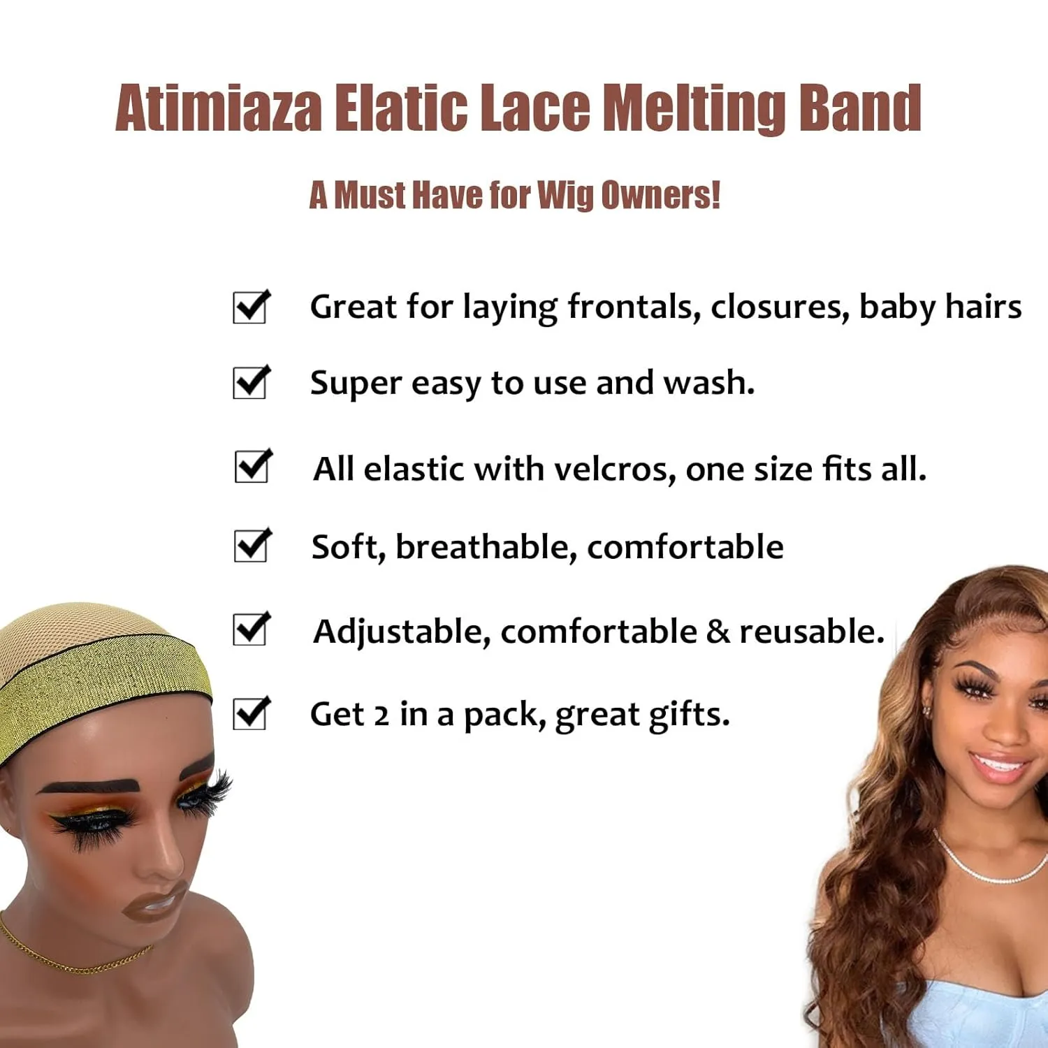2 Pcs Elastic Gold Lace Melting Bands - Wig Band for Lace Fronts, Edge Wrap to Lay Edges (Pack of 2)