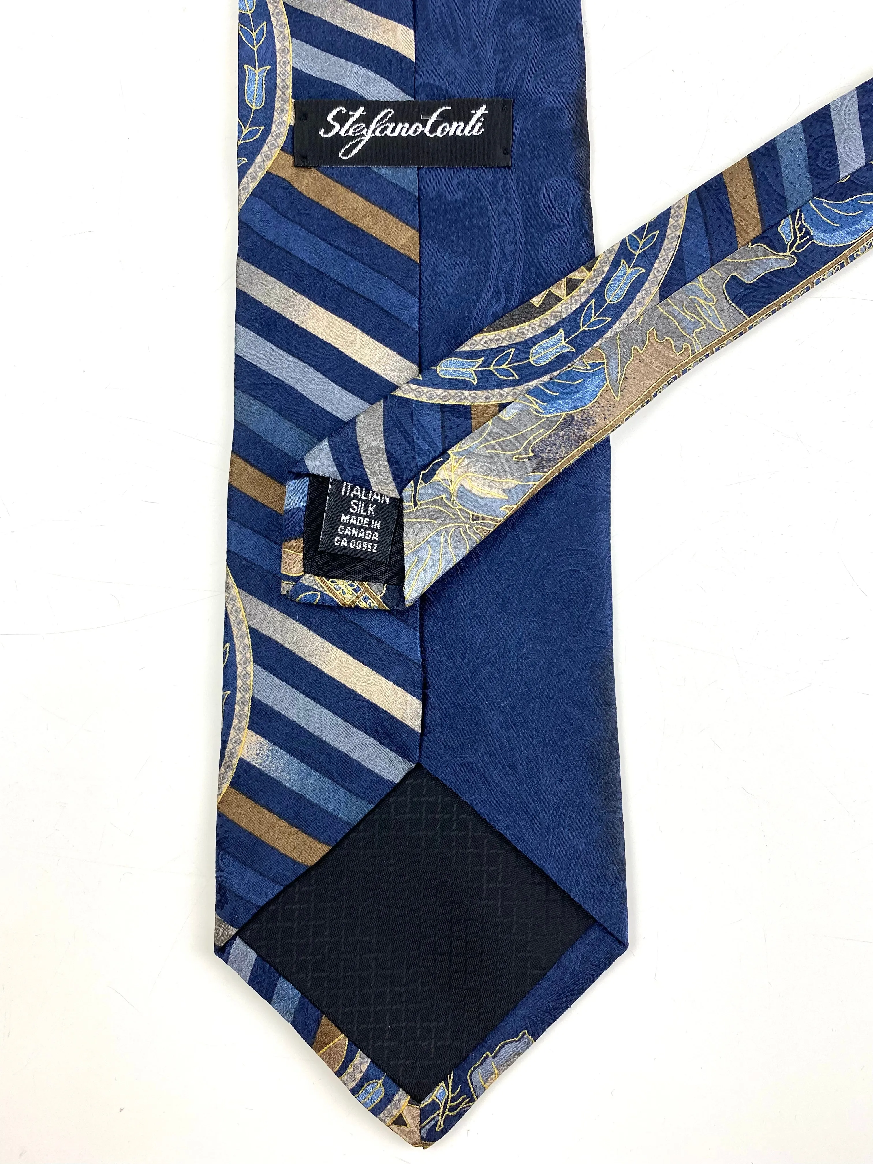 90s Deadstock Silk Necktie, Men's Vintage Blue/Taupe Foliage Pattern Tie, NOS