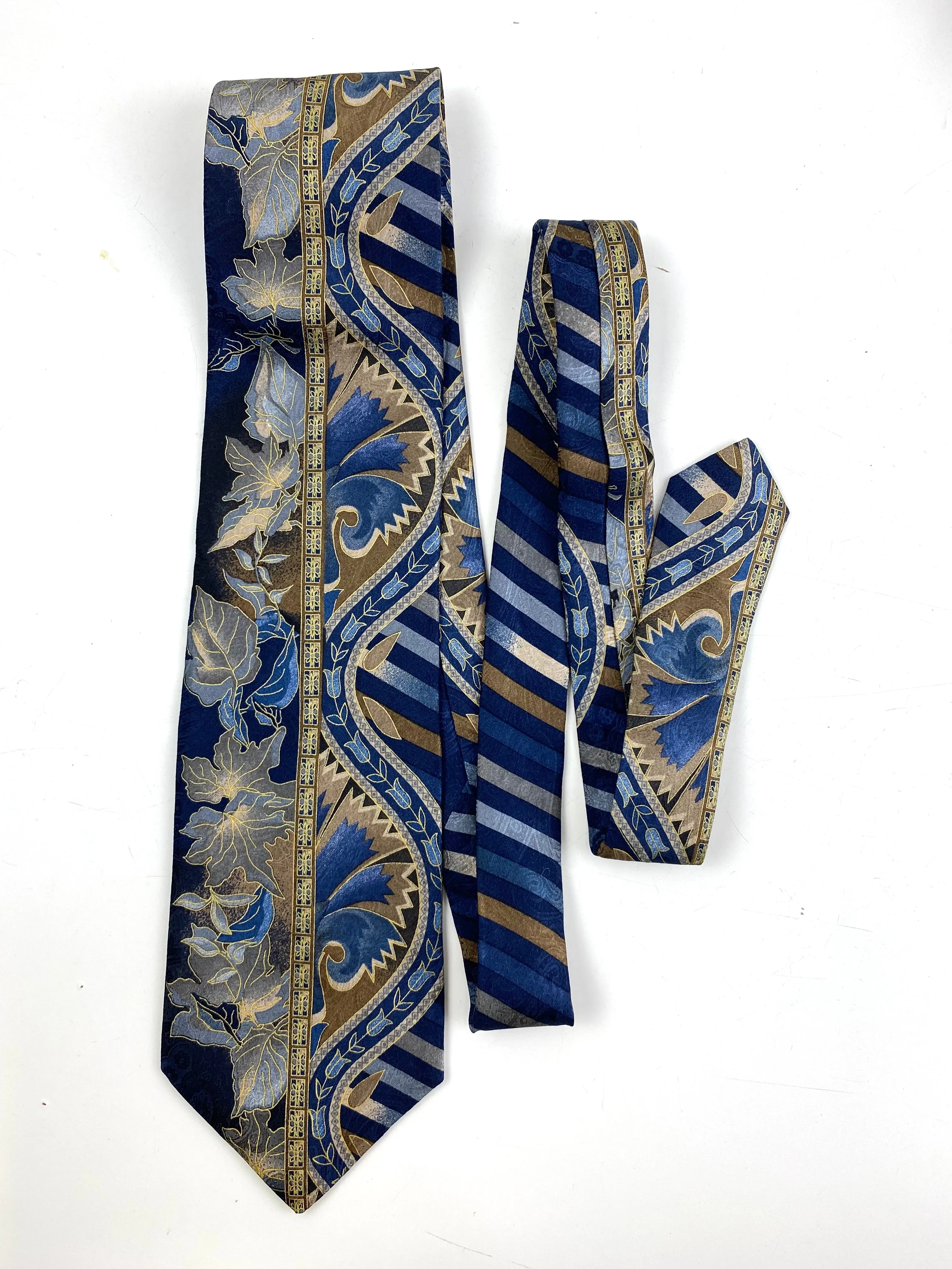 90s Deadstock Silk Necktie, Men's Vintage Blue/Taupe Foliage Pattern Tie, NOS