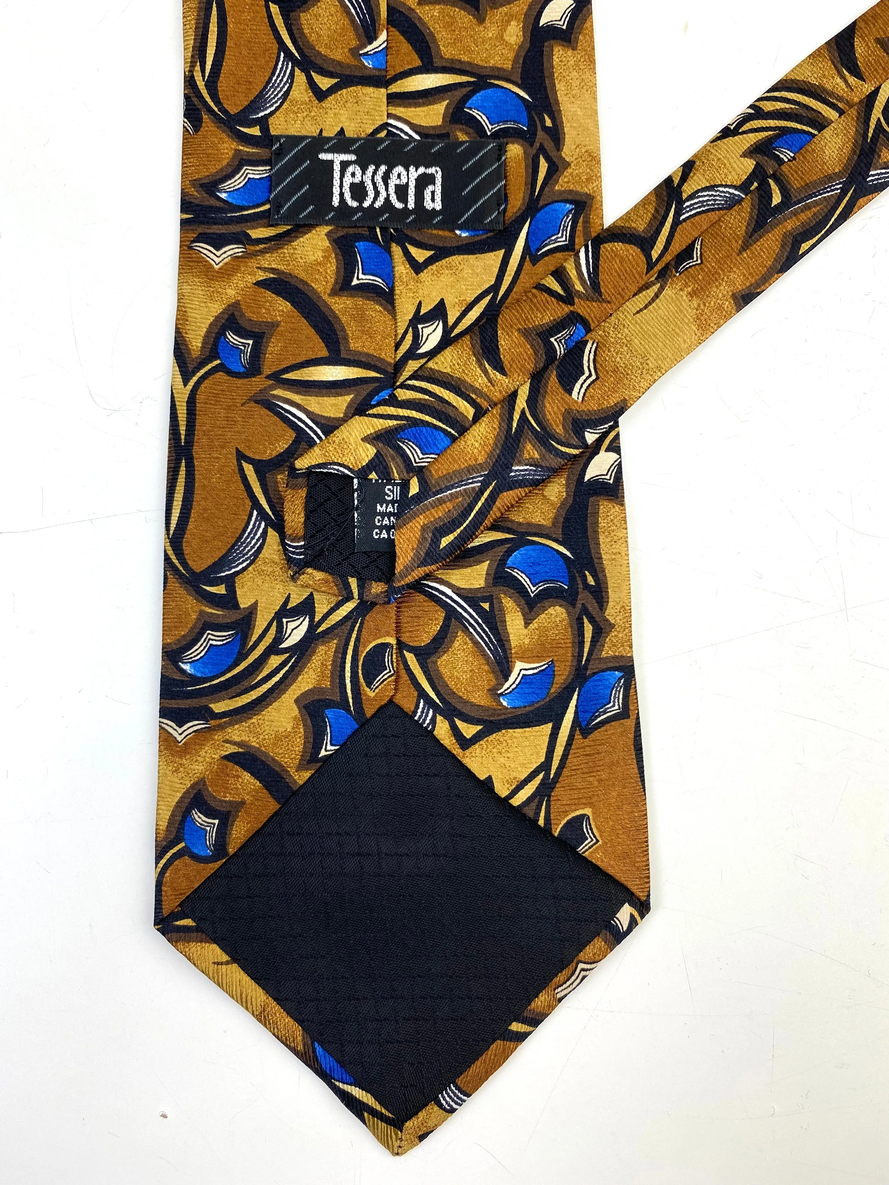 90s Deadstock Silk Necktie, Men's Vintage Gold/ Blue Abstract Pattern Tie, NOS