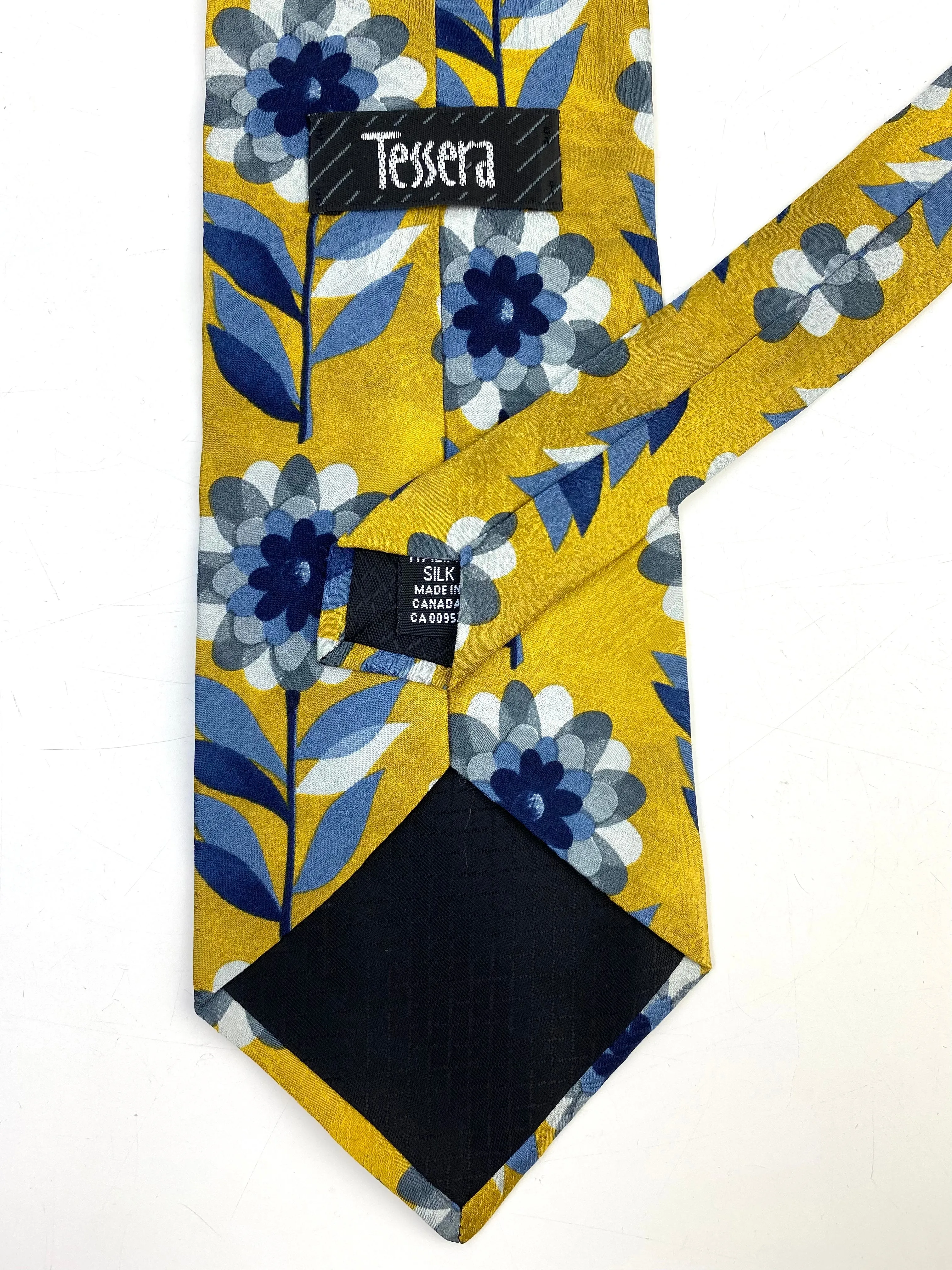 90s Deadstock Silk Necktie, Men's Vintage Gold/ Blue Mid-Century Modern Floral Pattern Tie, NOS