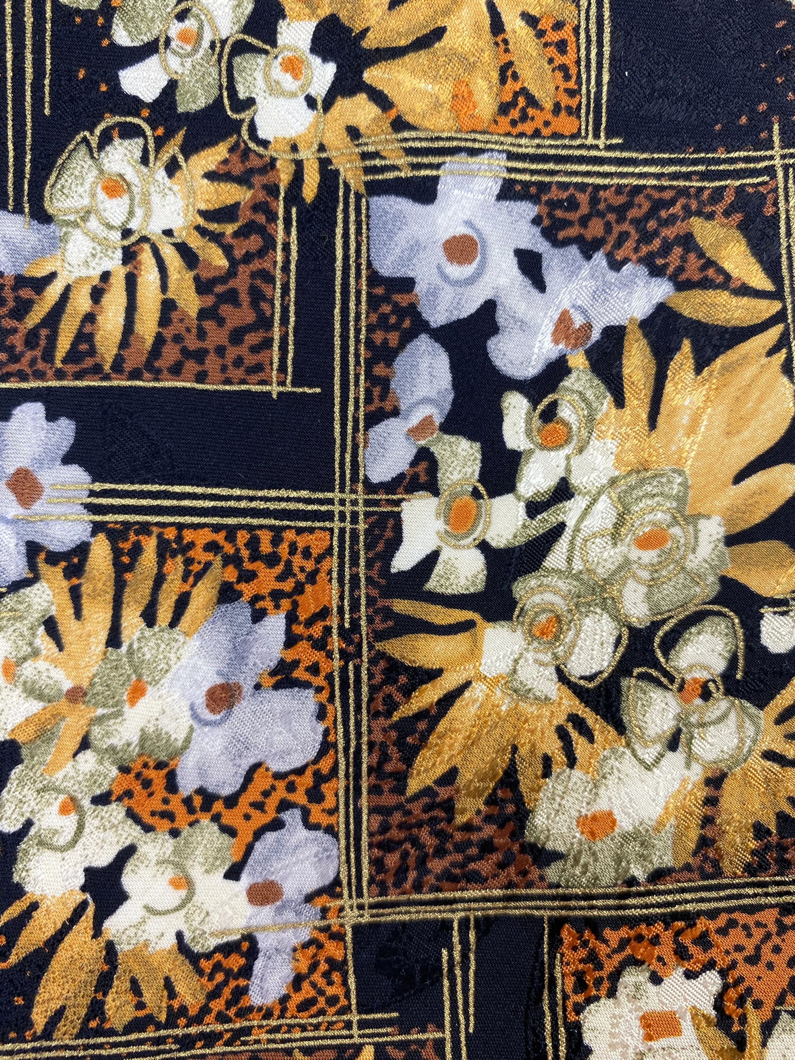 90s Deadstock Silk Necktie, Men's Vintage Gold/Black Floral Pattern Tie, NOS