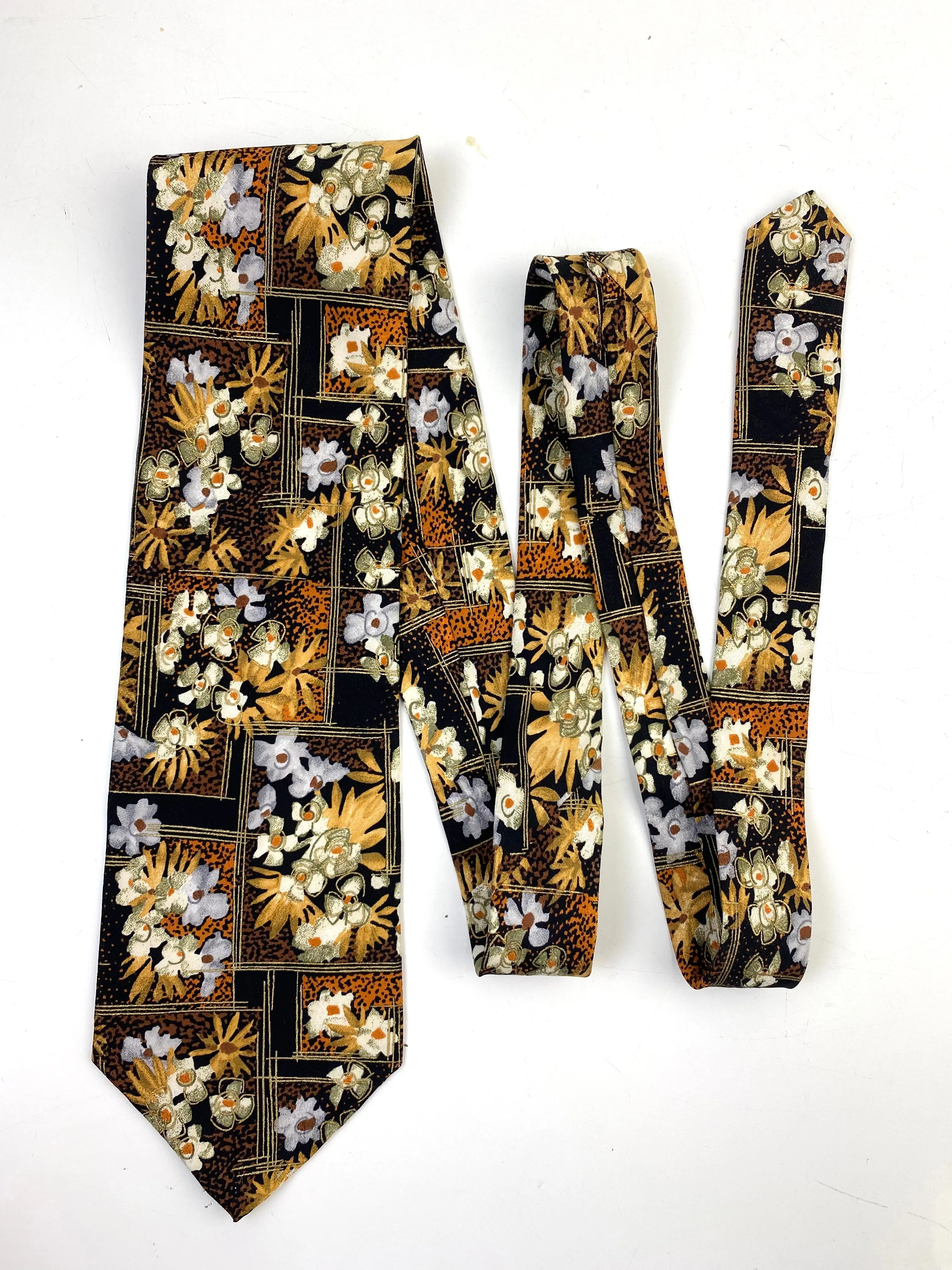 90s Deadstock Silk Necktie, Men's Vintage Gold/Black Floral Pattern Tie, NOS