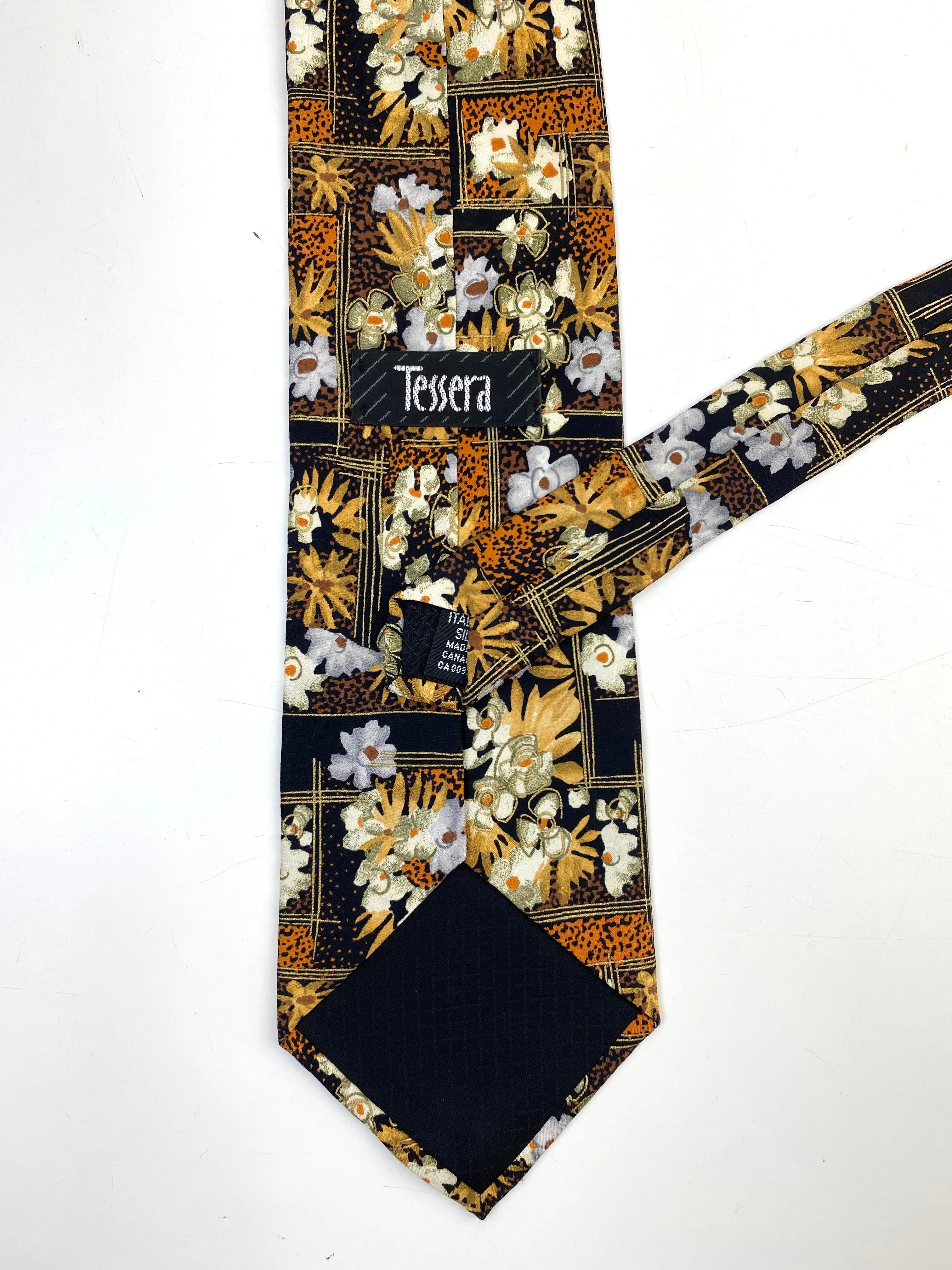 90s Deadstock Silk Necktie, Men's Vintage Gold/Black Floral Pattern Tie, NOS