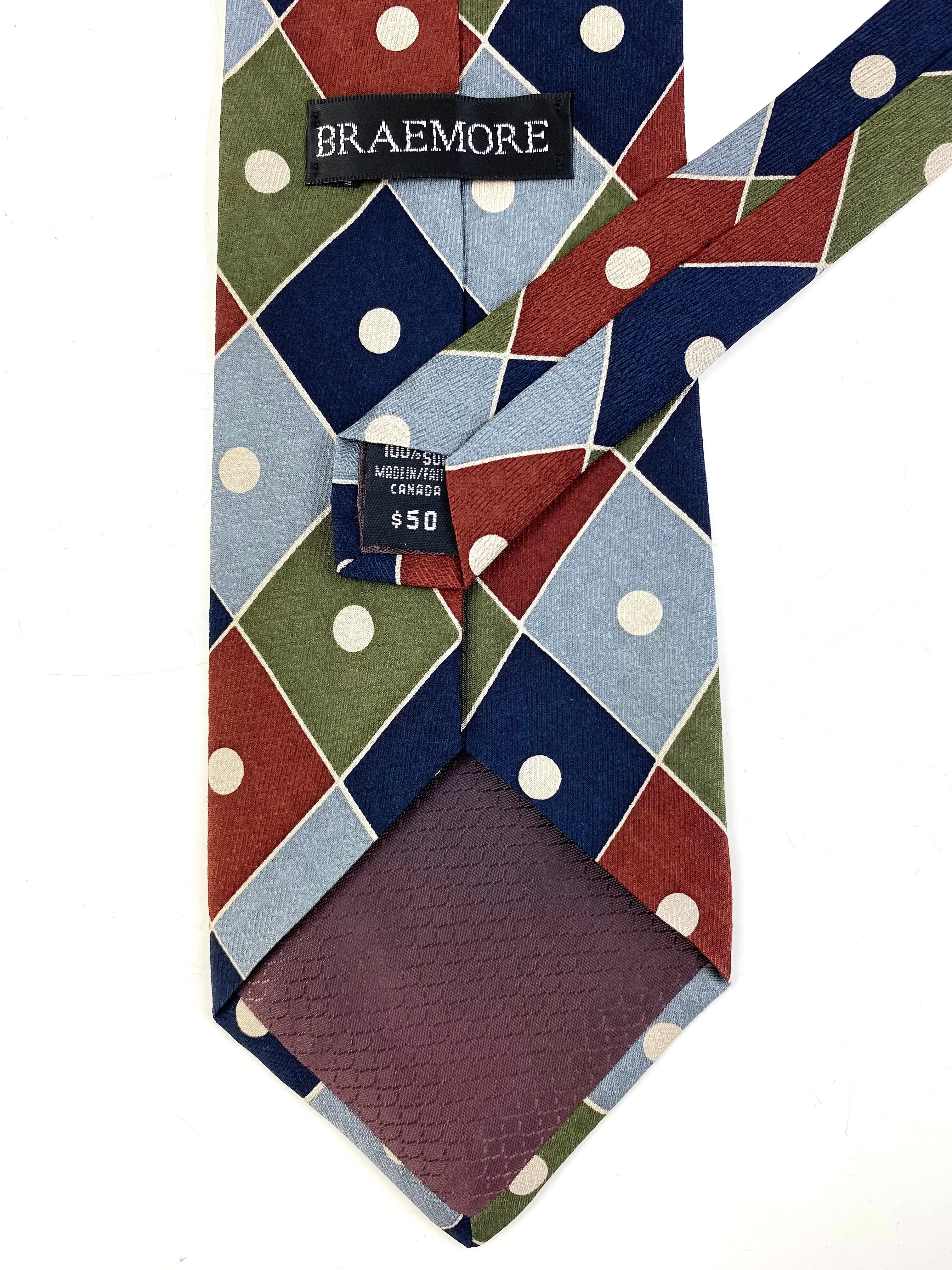 90s Deadstock Silk Necktie, Men's Vintage Green/ Blue Check Dot Pattern Tie, NOS