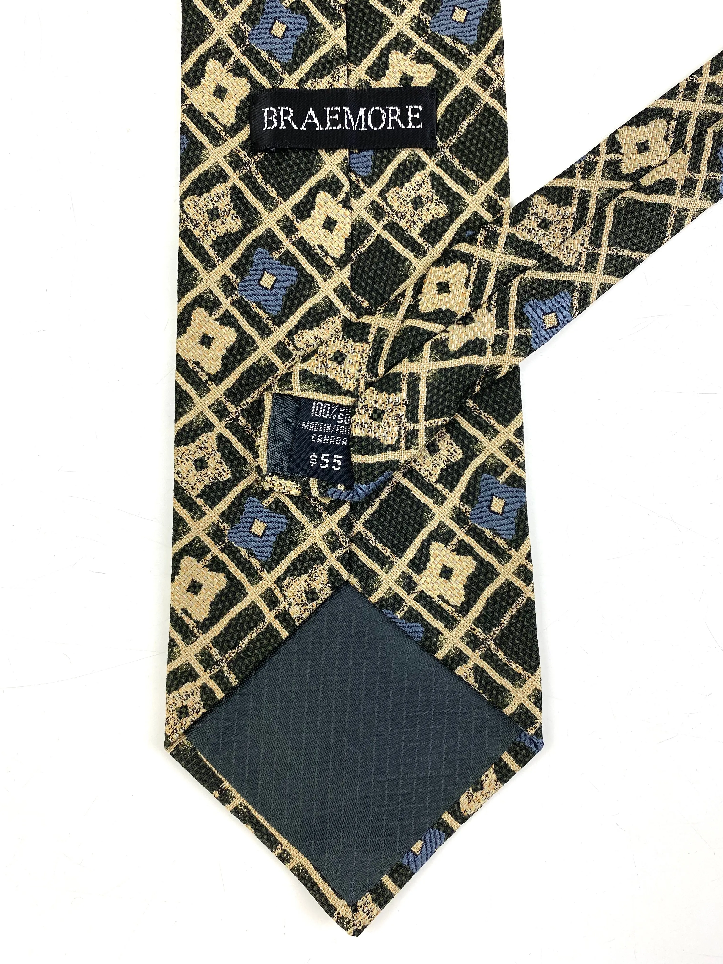 90s Deadstock Silk Necktie, Men's Vintage Green/ Blue Floral Check Pattern Tie, NOS
