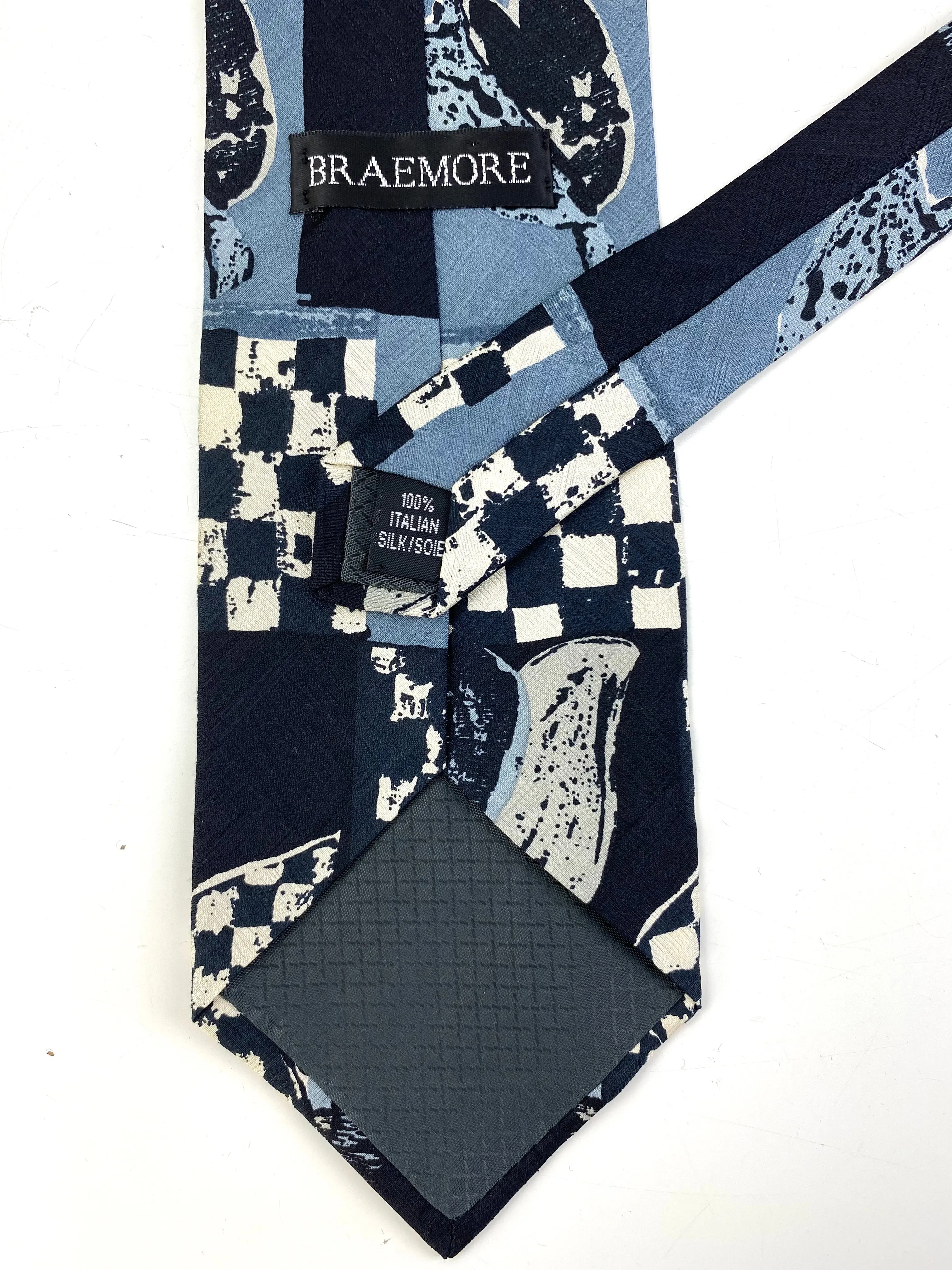 90s Deadstock Silk Necktie, Men's Vintage Grey/Blue/Black Check Tulip Pattern Tie, NOS