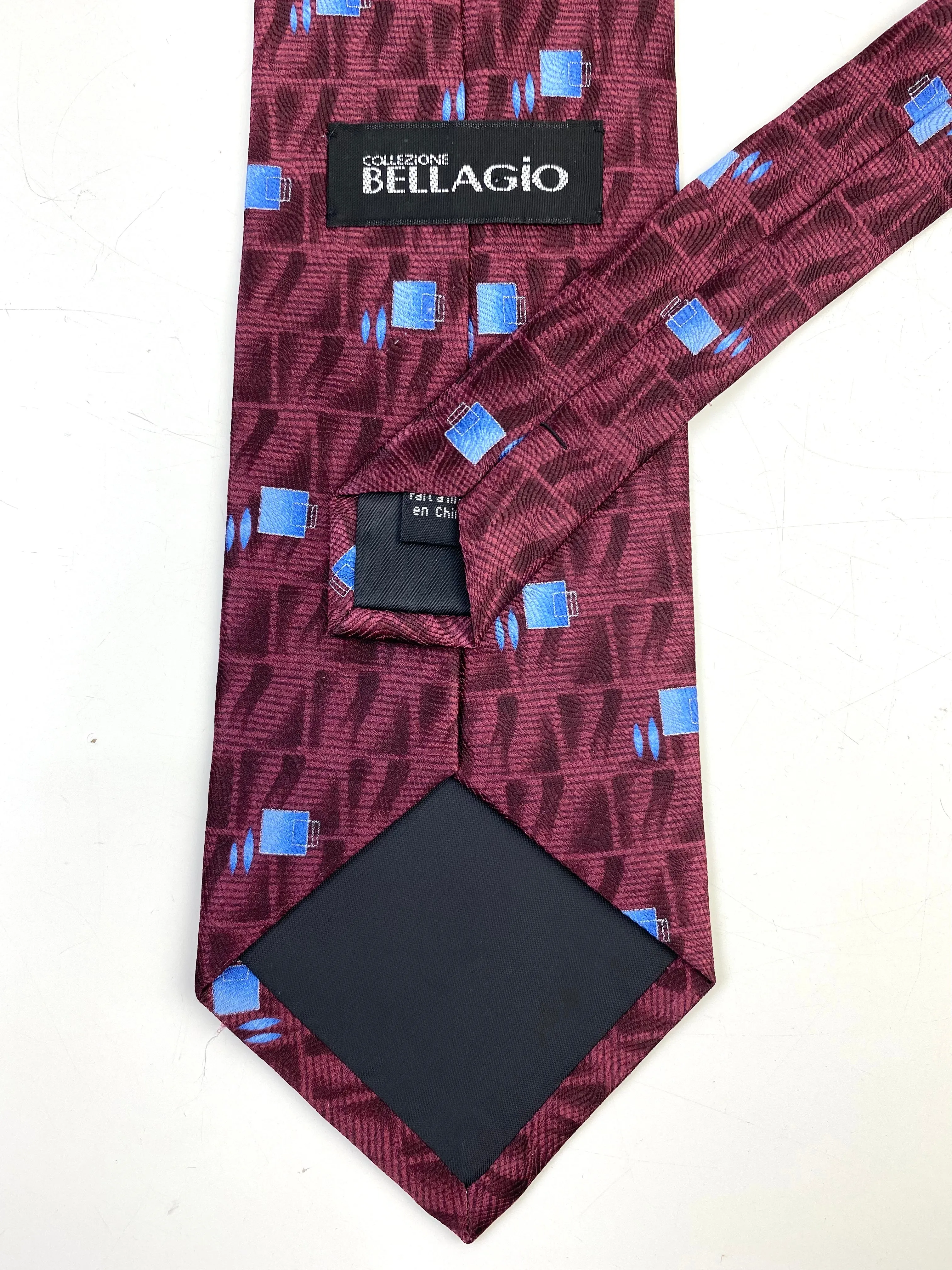90s Deadstock Silk Necktie, Men's Vintage Plum/ Blue Square Pattern Tie, NOS