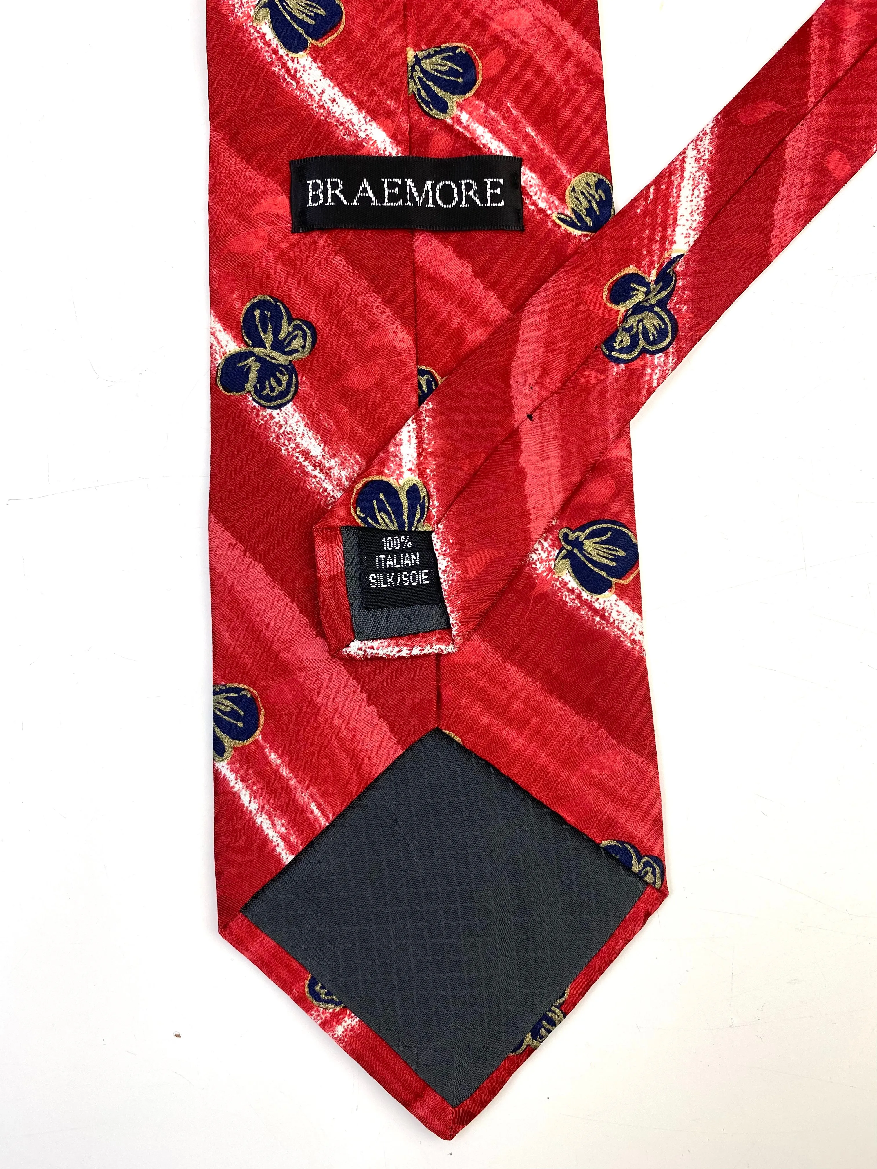 90s Deadstock Silk Necktie, Men's Vintage Red/ Navy Butterfly Pattern Tie, NOS