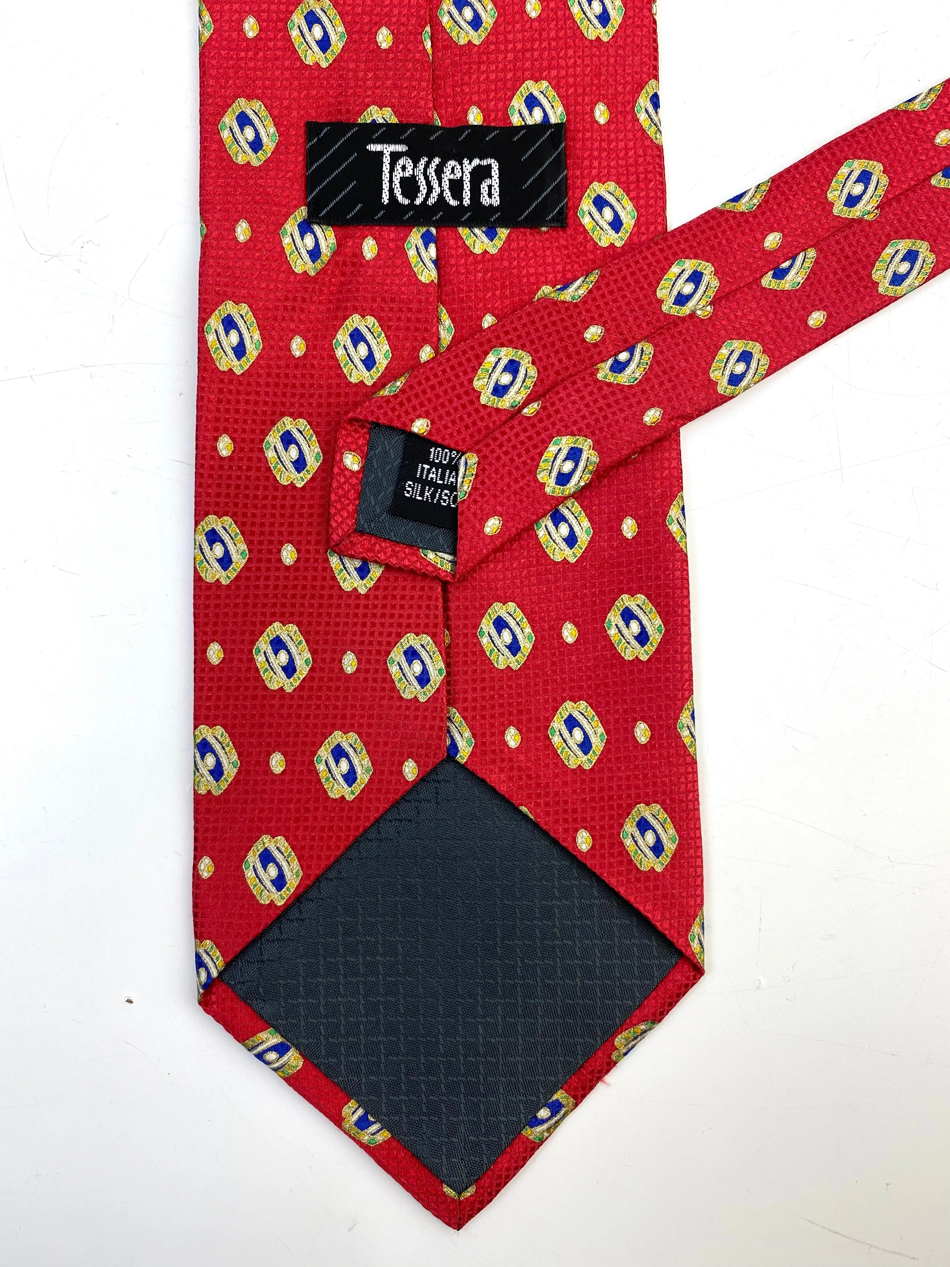 90s Deadstock Silk Necktie, Men's Vintage Red/Blue Foulard Pattern Tie, NOS