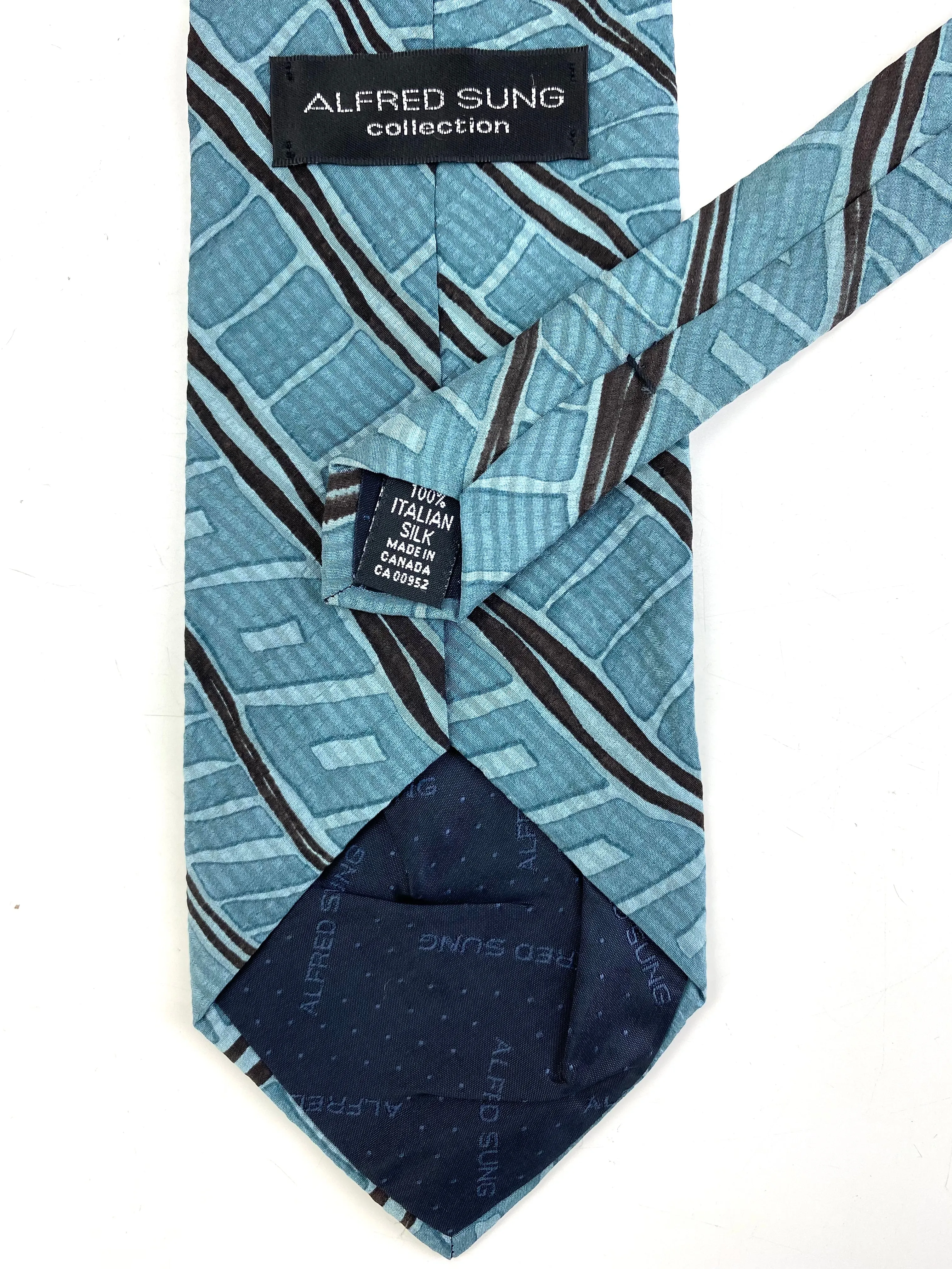 90s Deadstock Silk Necktie, Men's Vintage Teal/ Black Diagonal Stripe Pattern Tie, NOS