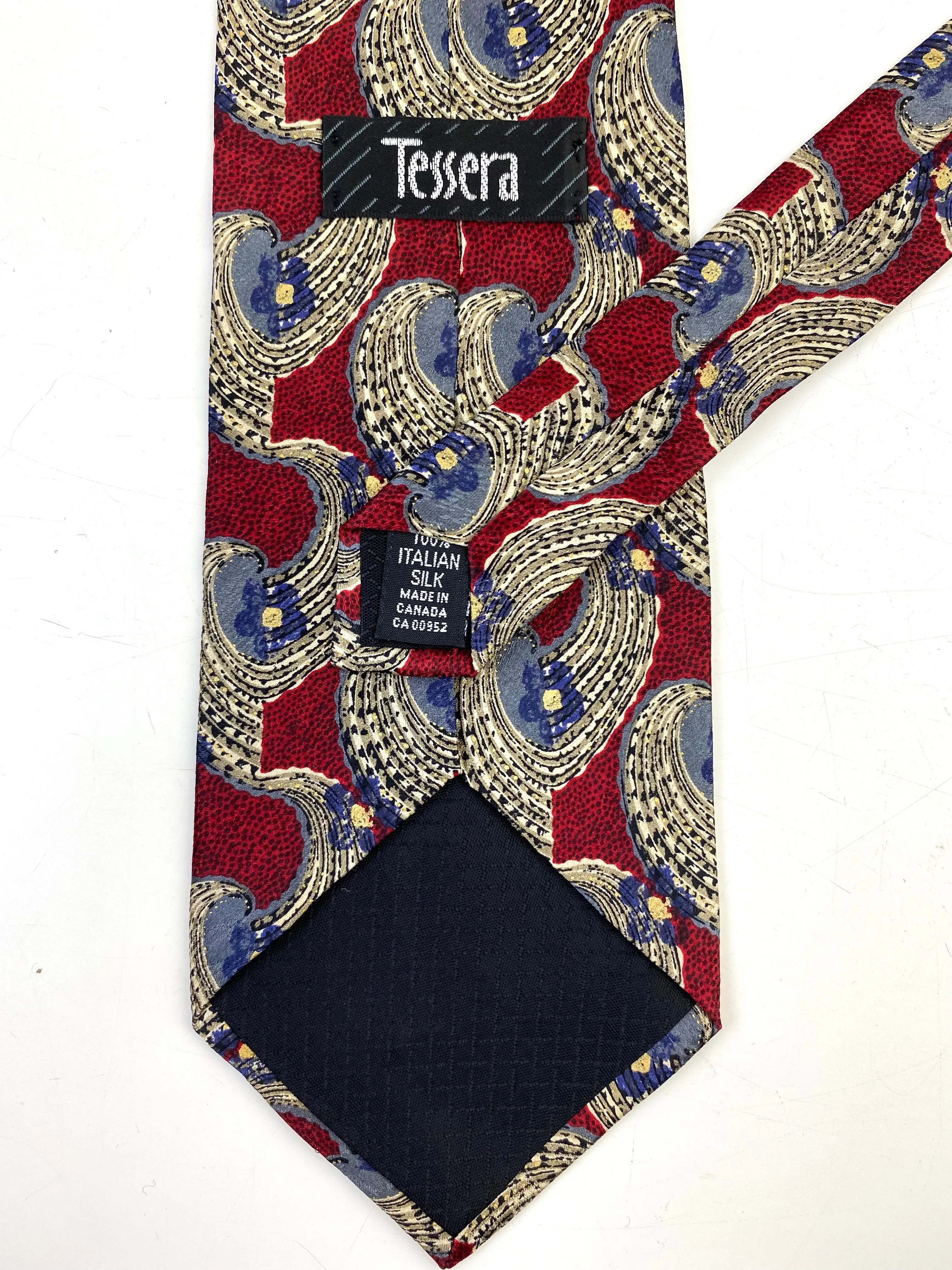 90s Deadstock Silk Necktie, Men's Vintage Wine/ Blue Abstract Floral Pattern Tie, NOS