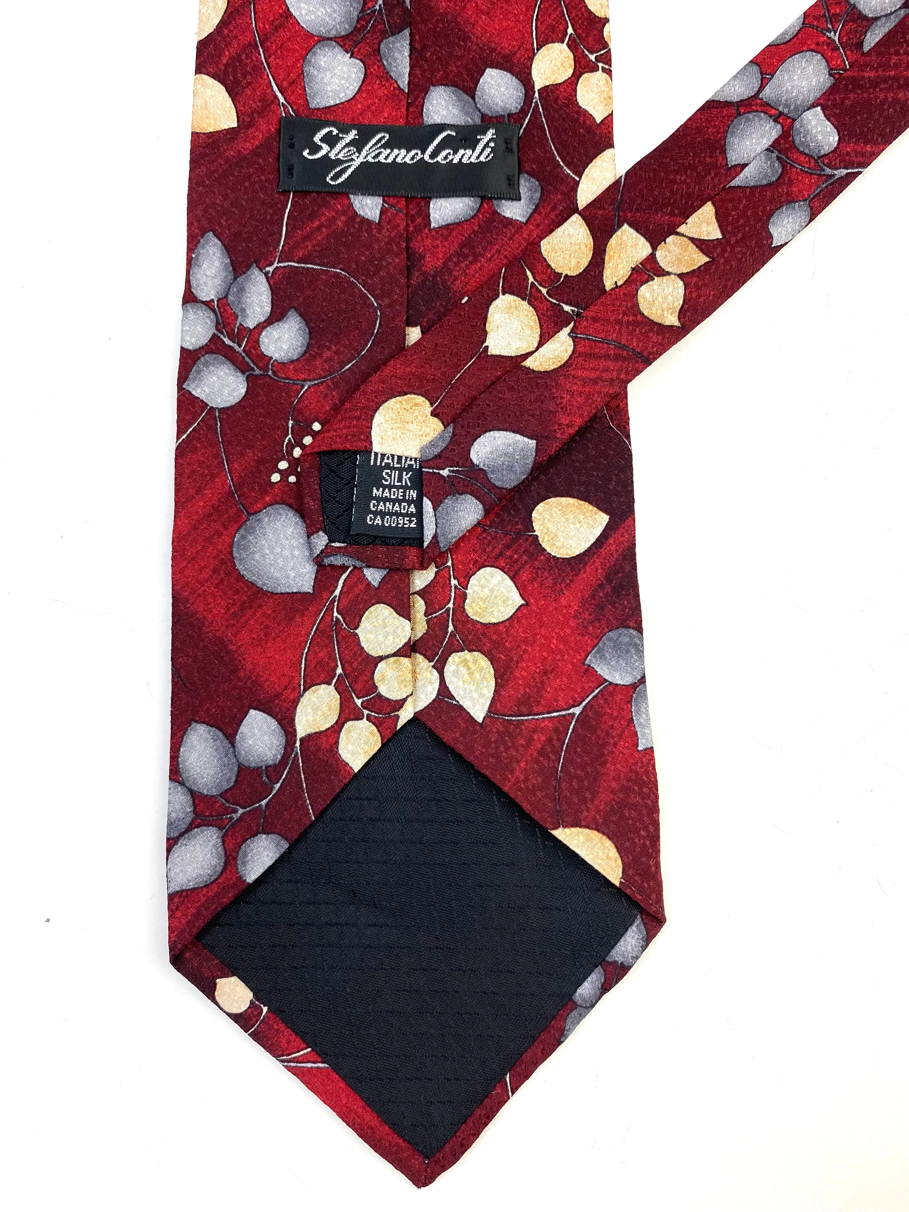 90s Deadstock Silk Necktie, Men's Vintage Wine/ Blue Botanical Pattern Tie, NOS