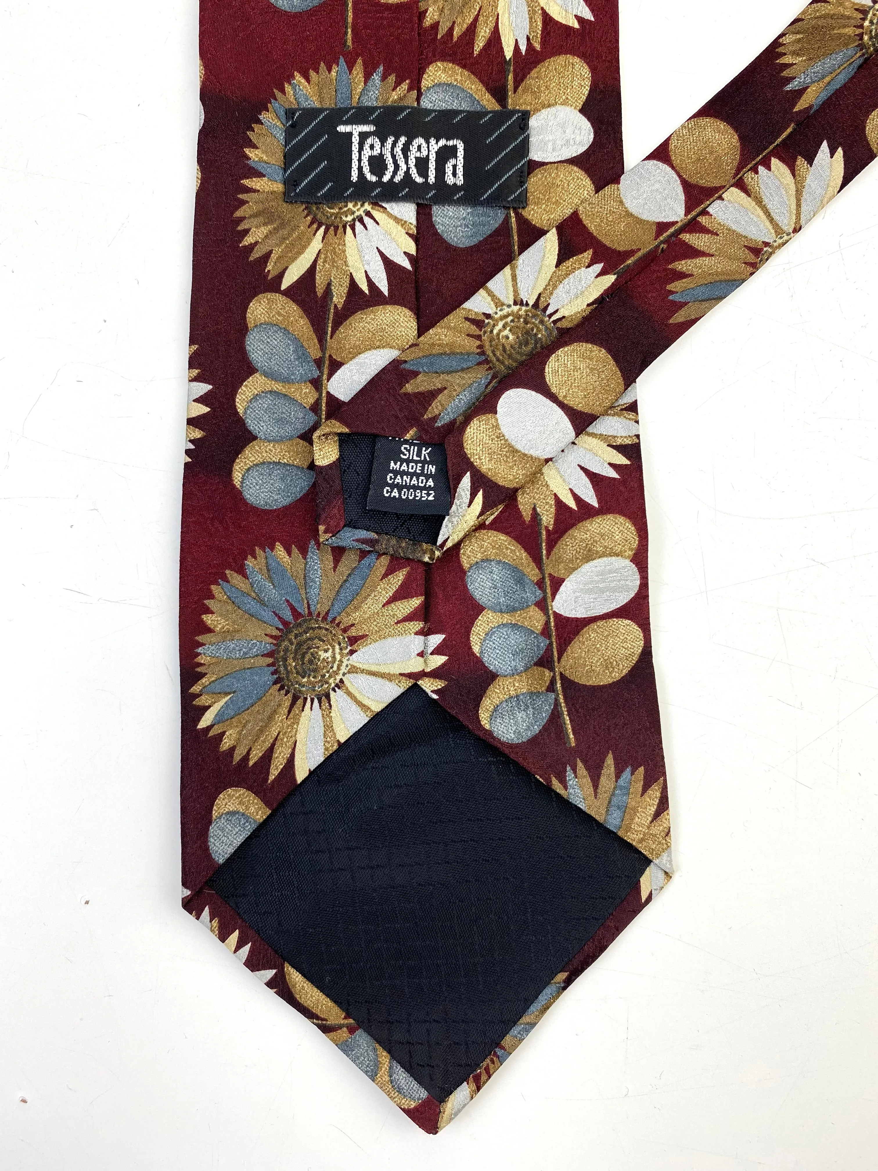 90s Deadstock Silk Necktie, Men's Vintage Wine/ Gold/ Silver Floral Pattern Tie, NOS