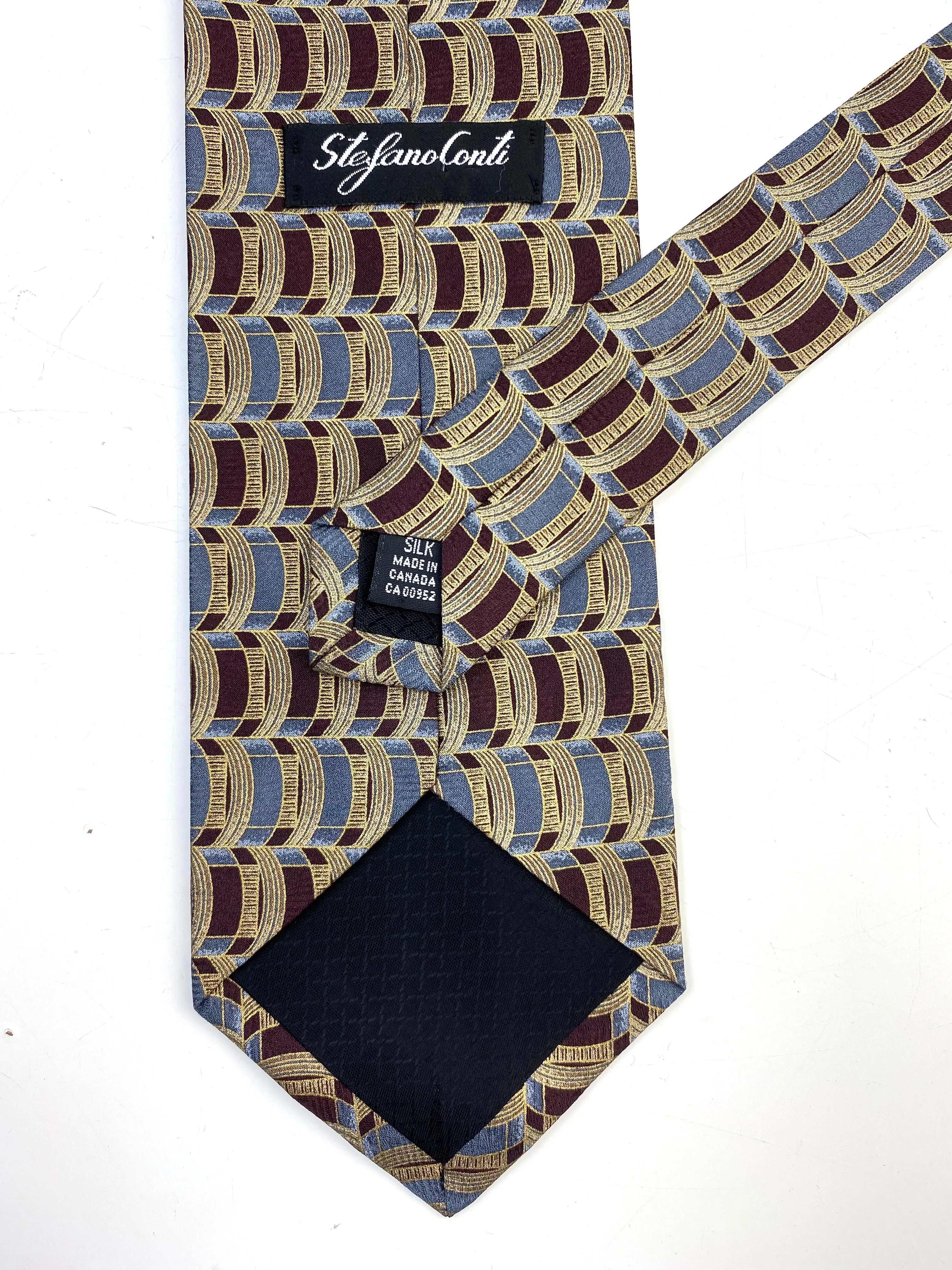 90s Deadstock Silk Necktie, Vintage Wine Blue Gold Geometric Pattern Tie, NOS