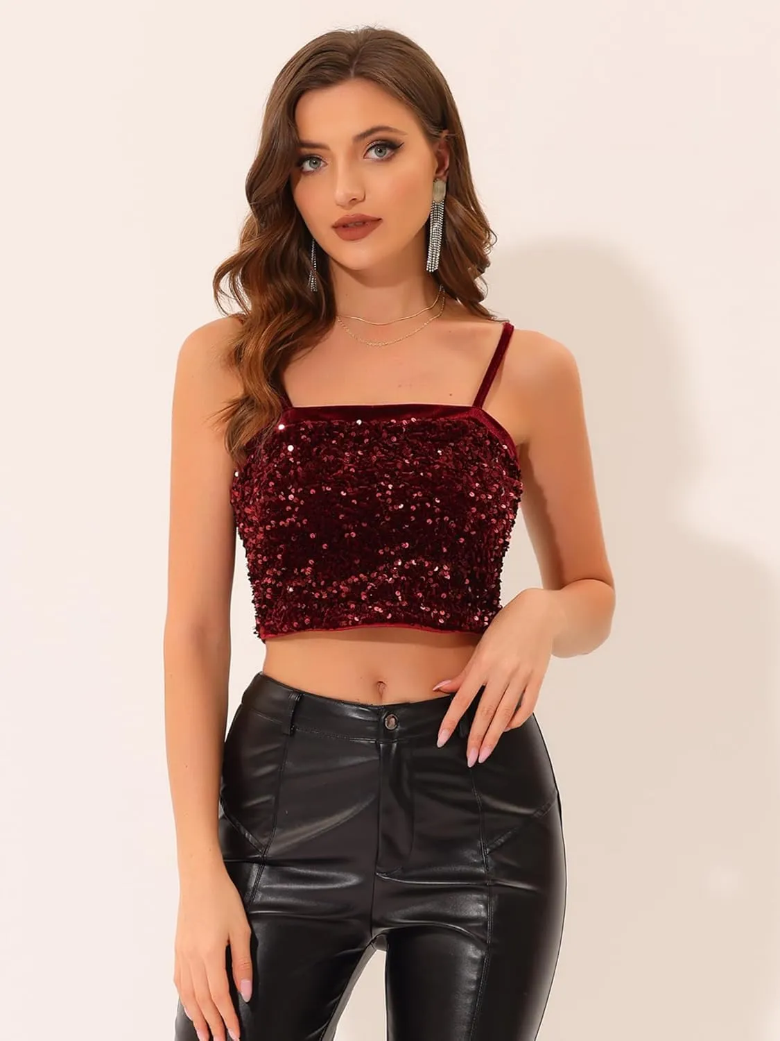 Allegra K Sequined Cami Top for Women's Velvet Spaghetti Strap Club Party Crop Tank Tops
