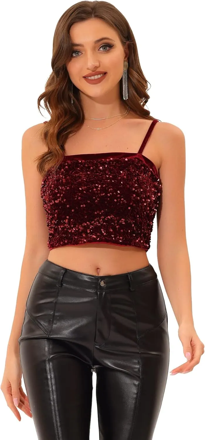 Allegra K Sequined Cami Top for Women's Velvet Spaghetti Strap Club Party Crop Tank Tops