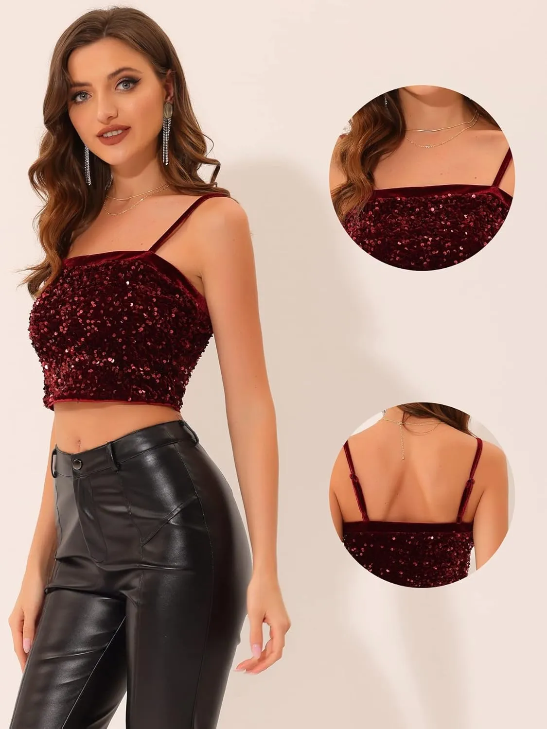 Allegra K Sequined Cami Top for Women's Velvet Spaghetti Strap Club Party Crop Tank Tops