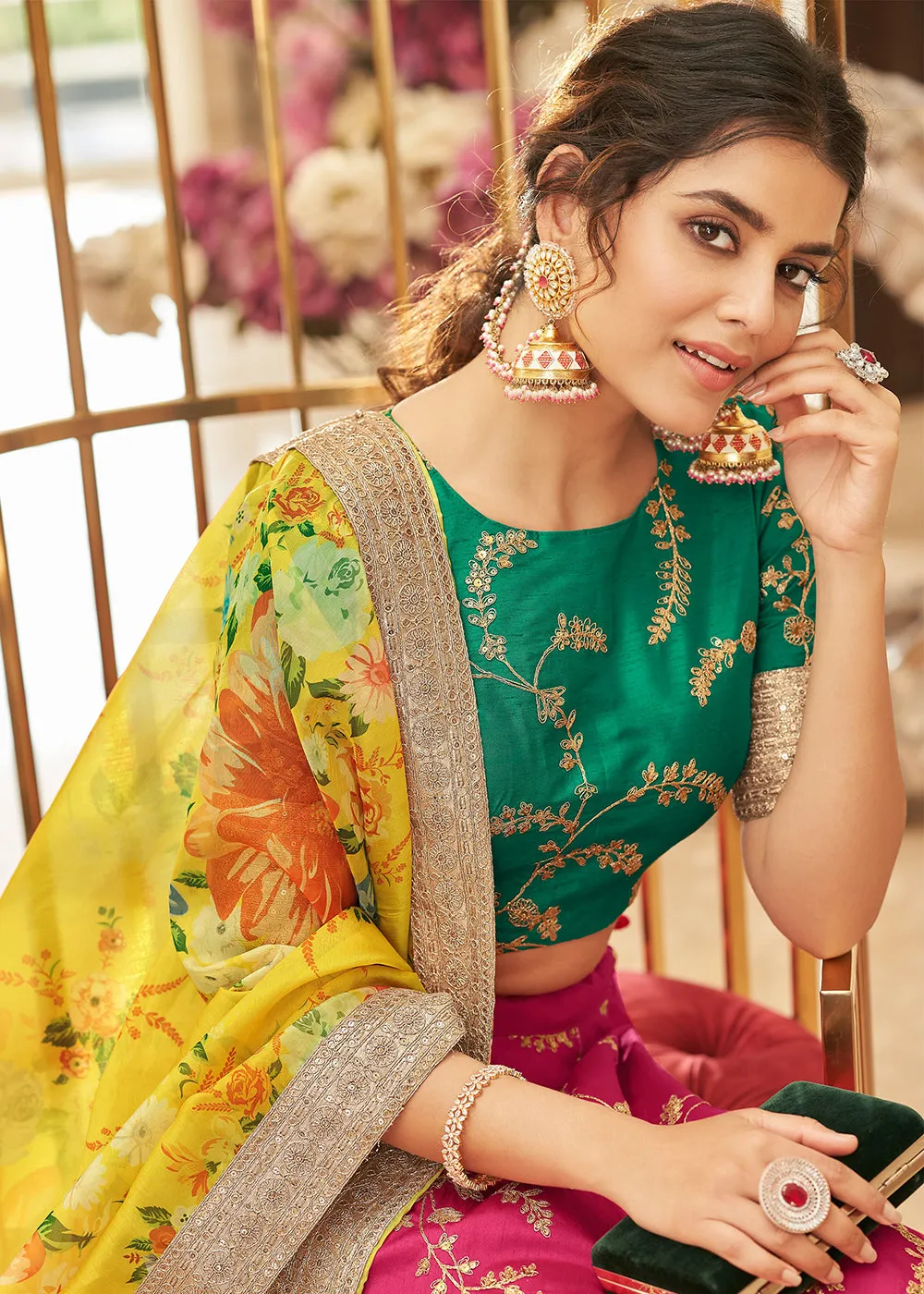Appealing Pink & Green Art Silk Embroidery Wedding Lehenga Choli