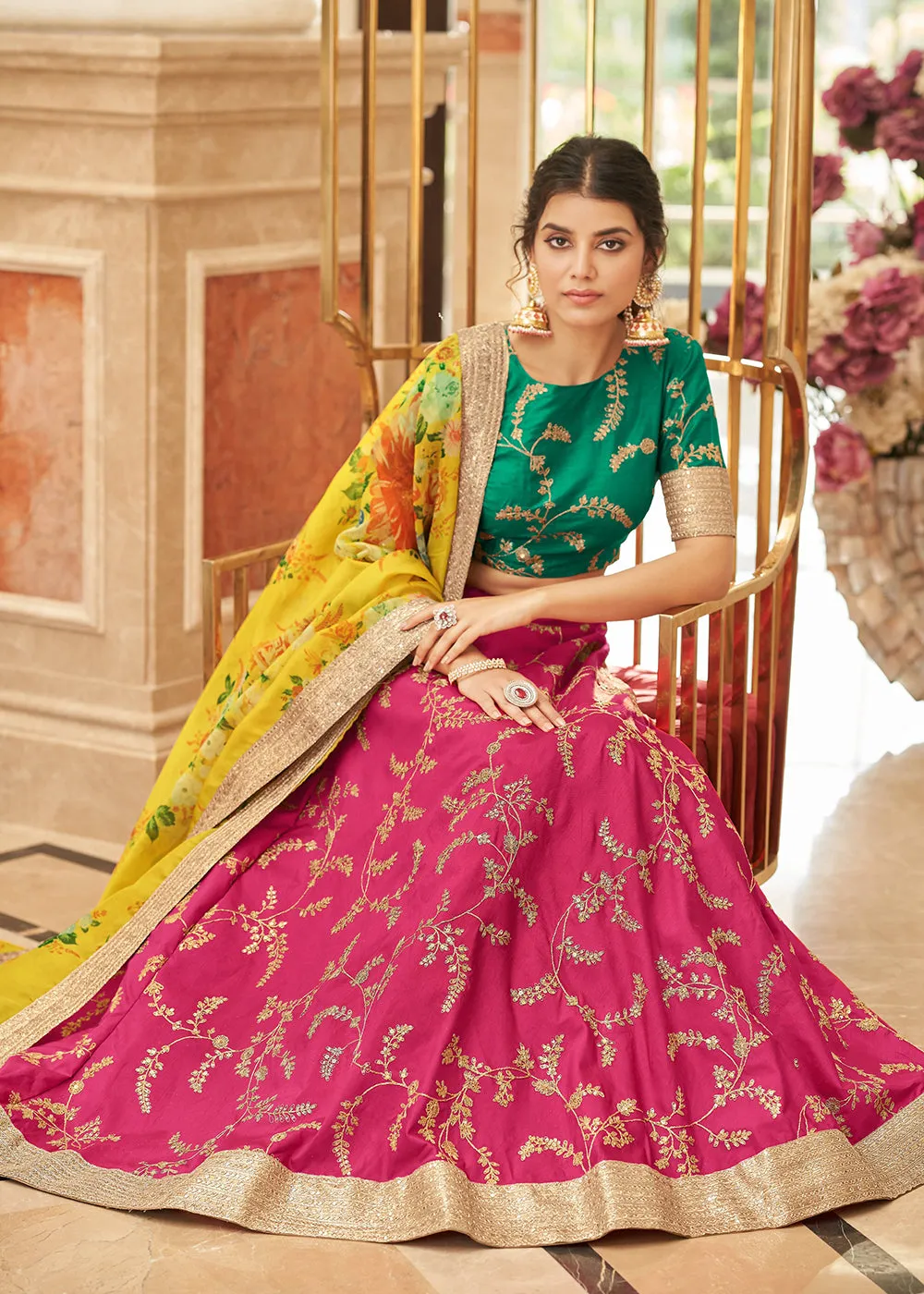 Appealing Pink & Green Art Silk Embroidery Wedding Lehenga Choli