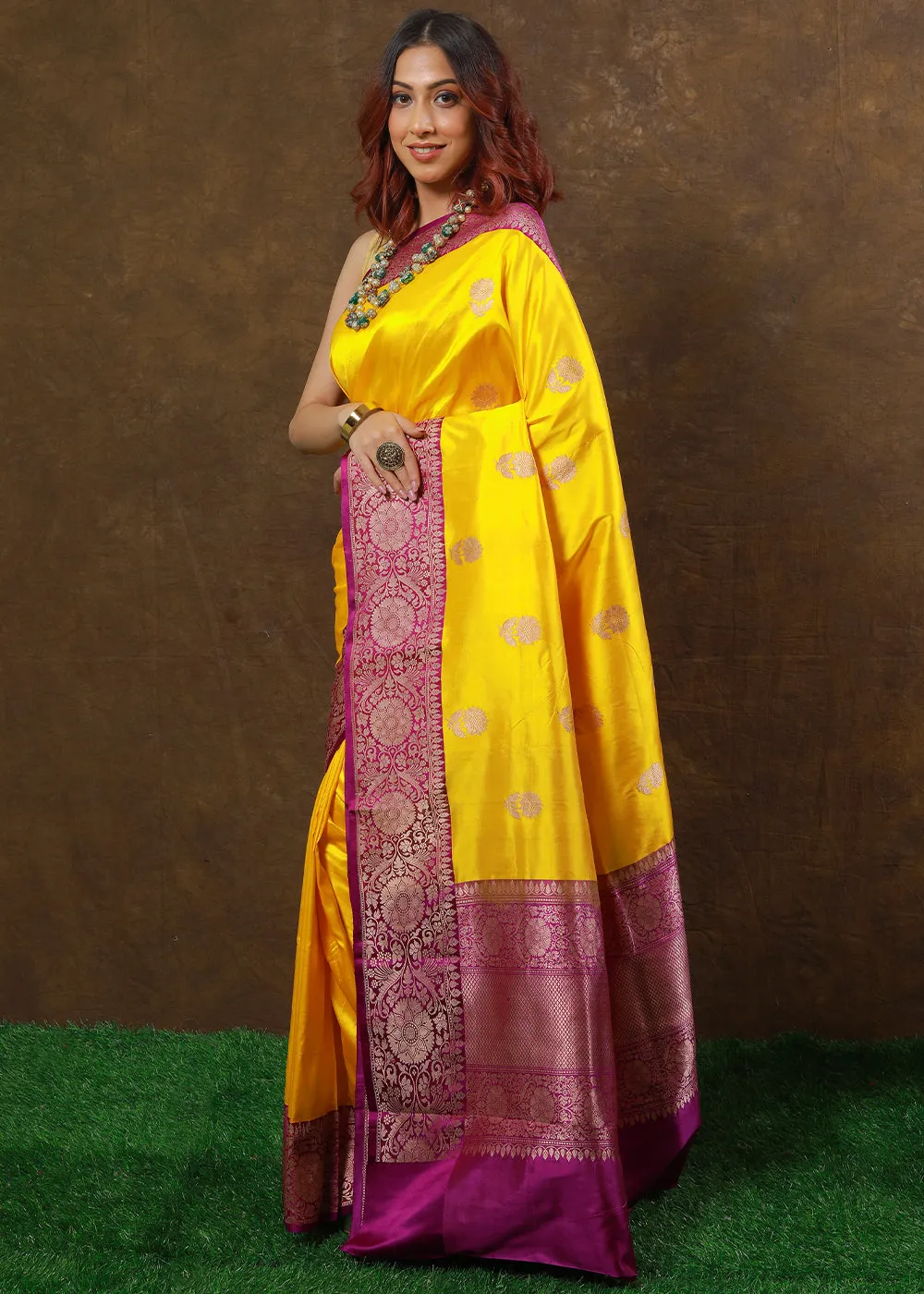 Aureolin Yellow Hand Woven Pure Katan Silk Saree