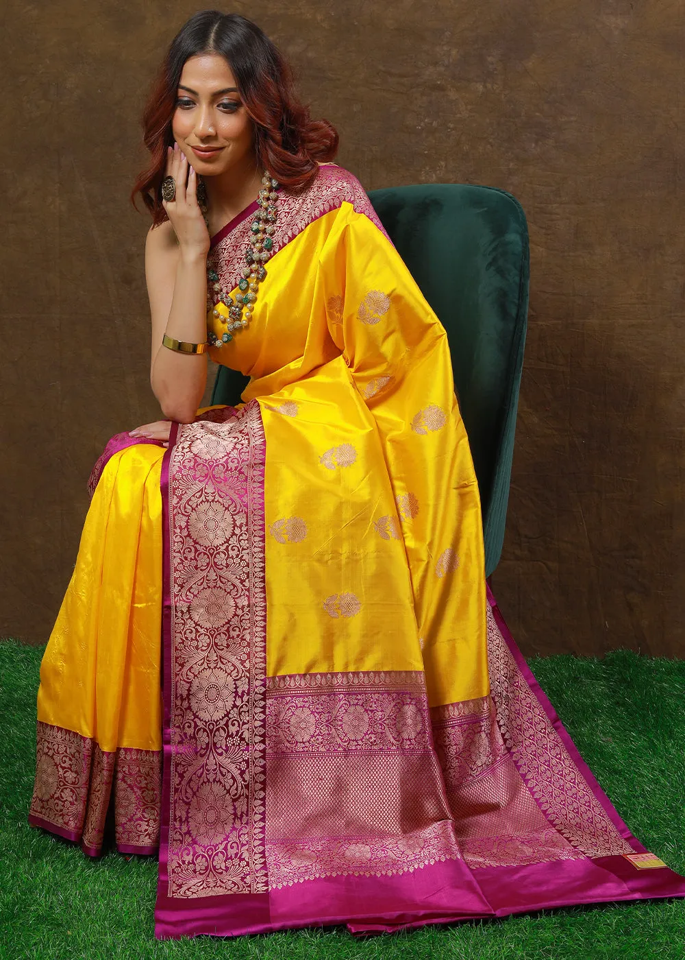 Aureolin Yellow Hand Woven Pure Katan Silk Saree