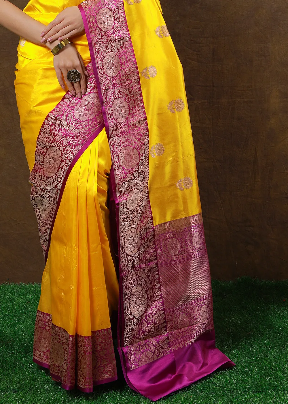Aureolin Yellow Hand Woven Pure Katan Silk Saree