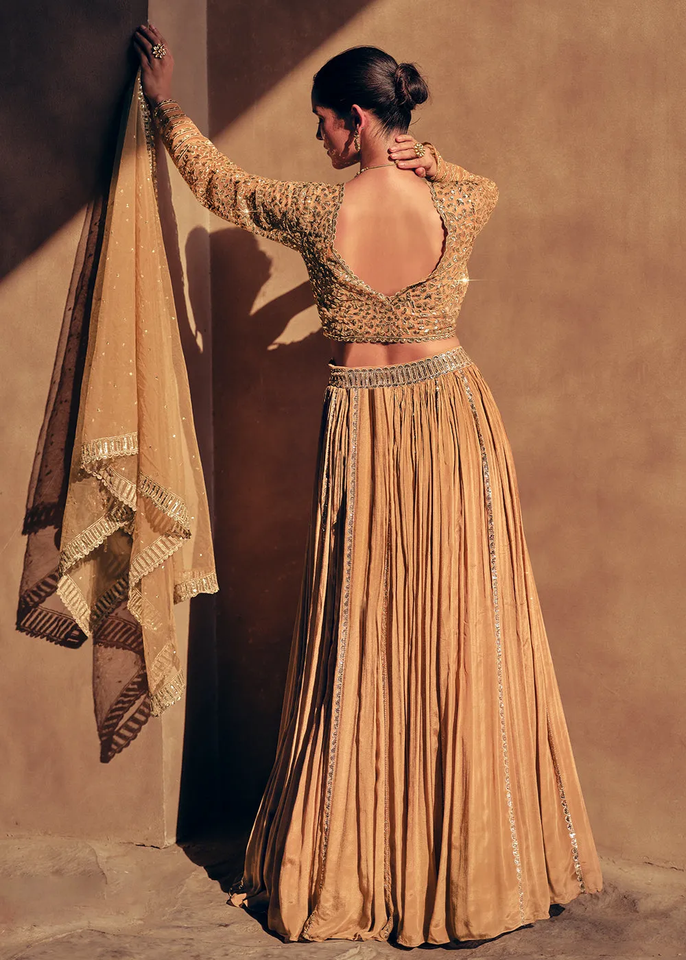 Beige Party Wear Chinnon Silk Designer Lehenga Choli