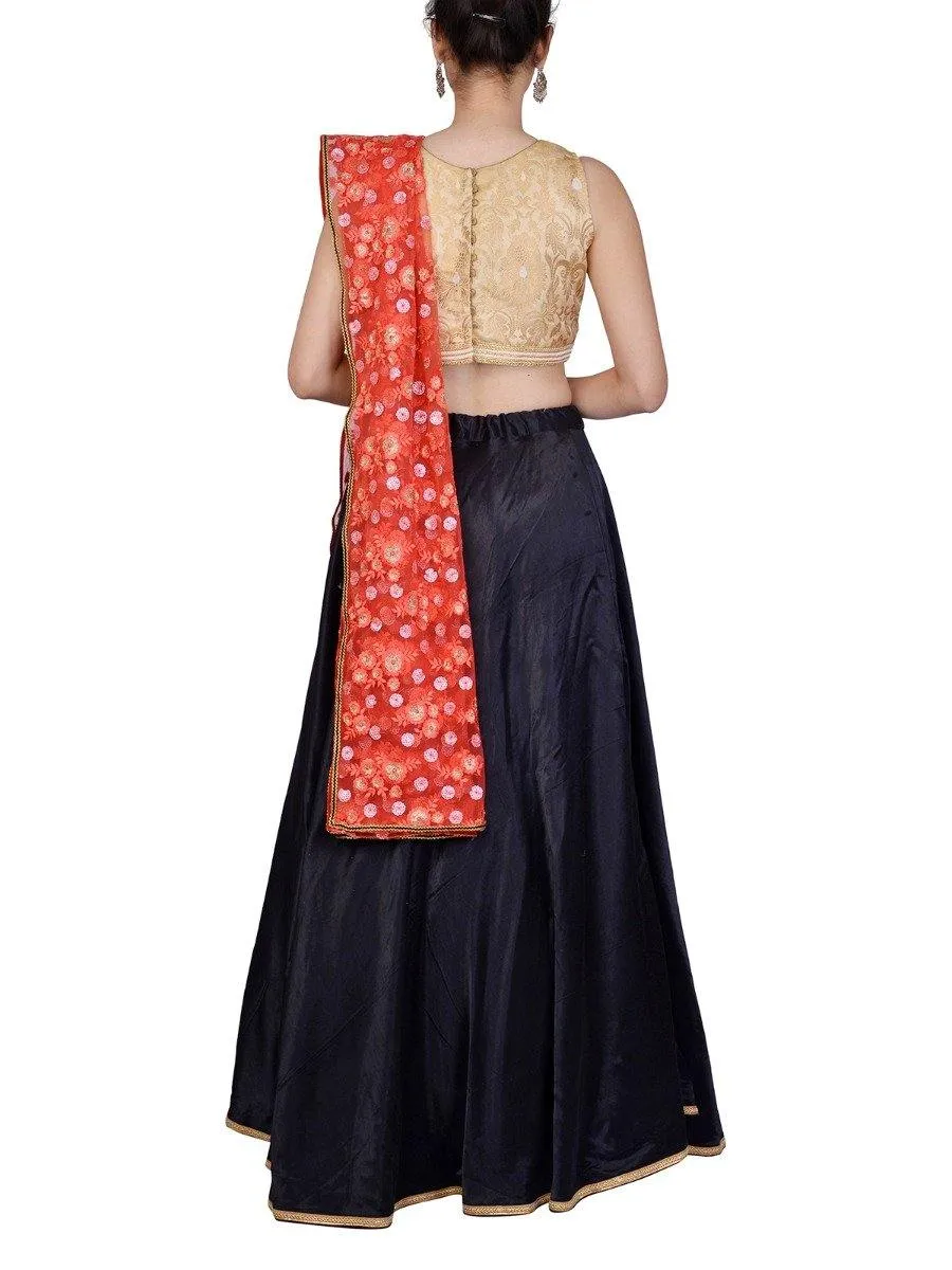 Black Beige Brocade Gajji Silk Lehenga Set