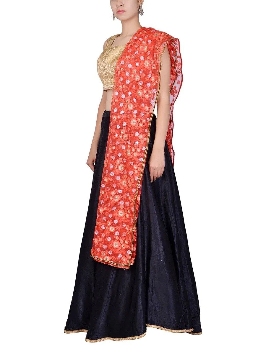 Black Beige Brocade Gajji Silk Lehenga Set