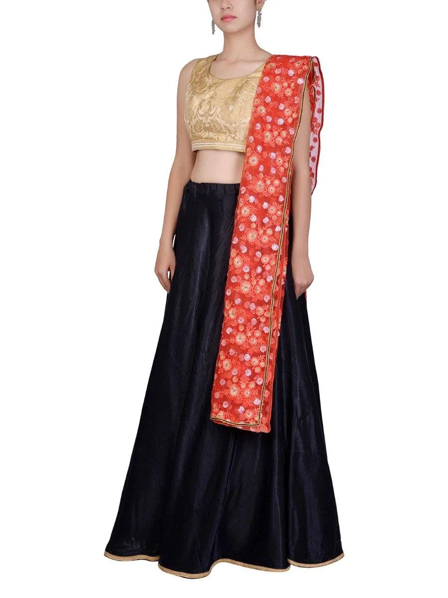 Black Beige Brocade Gajji Silk Lehenga Set