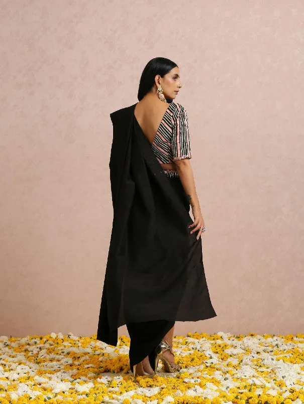 Black Light Weight Silk Draped Saree Set (Set of 2)