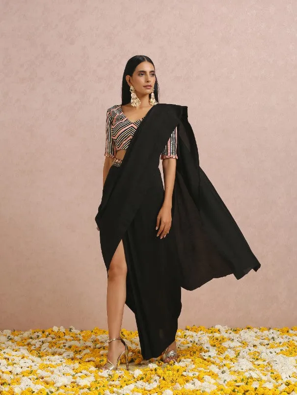 Black Light Weight Silk Draped Saree Set (Set of 2)