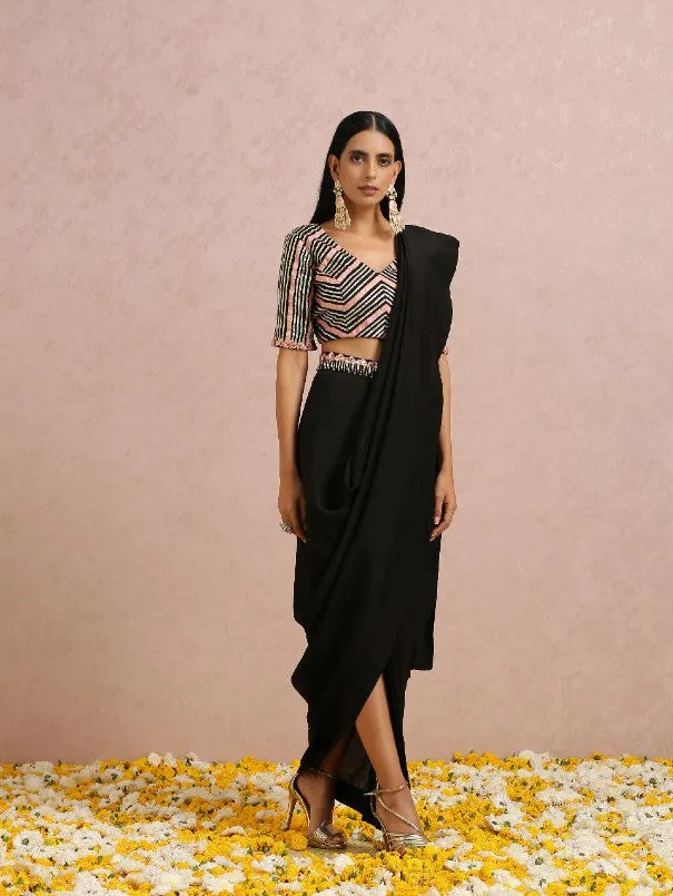 Black Light Weight Silk Draped Saree Set (Set of 2)