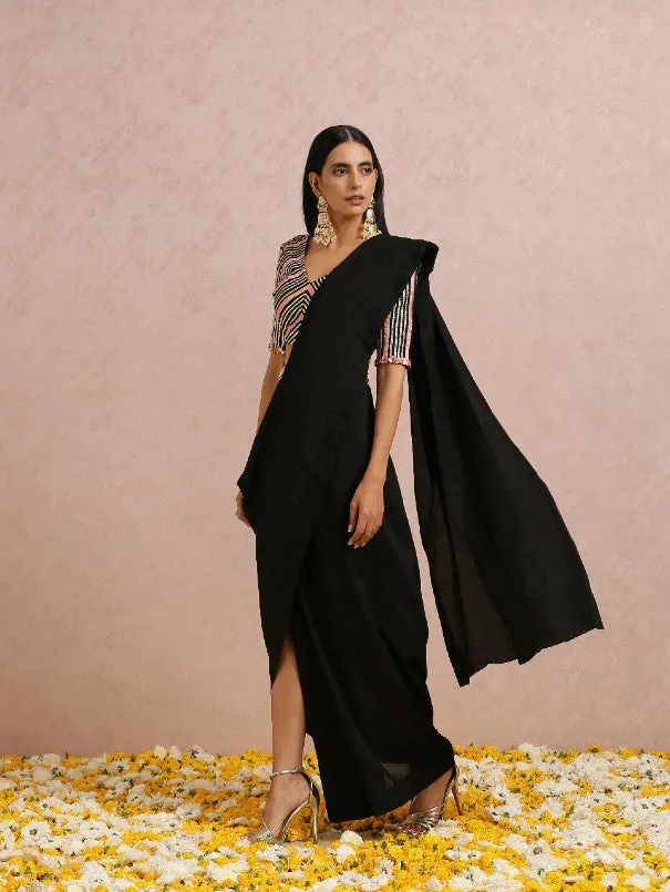 Black Light Weight Silk Draped Saree Set (Set of 2)