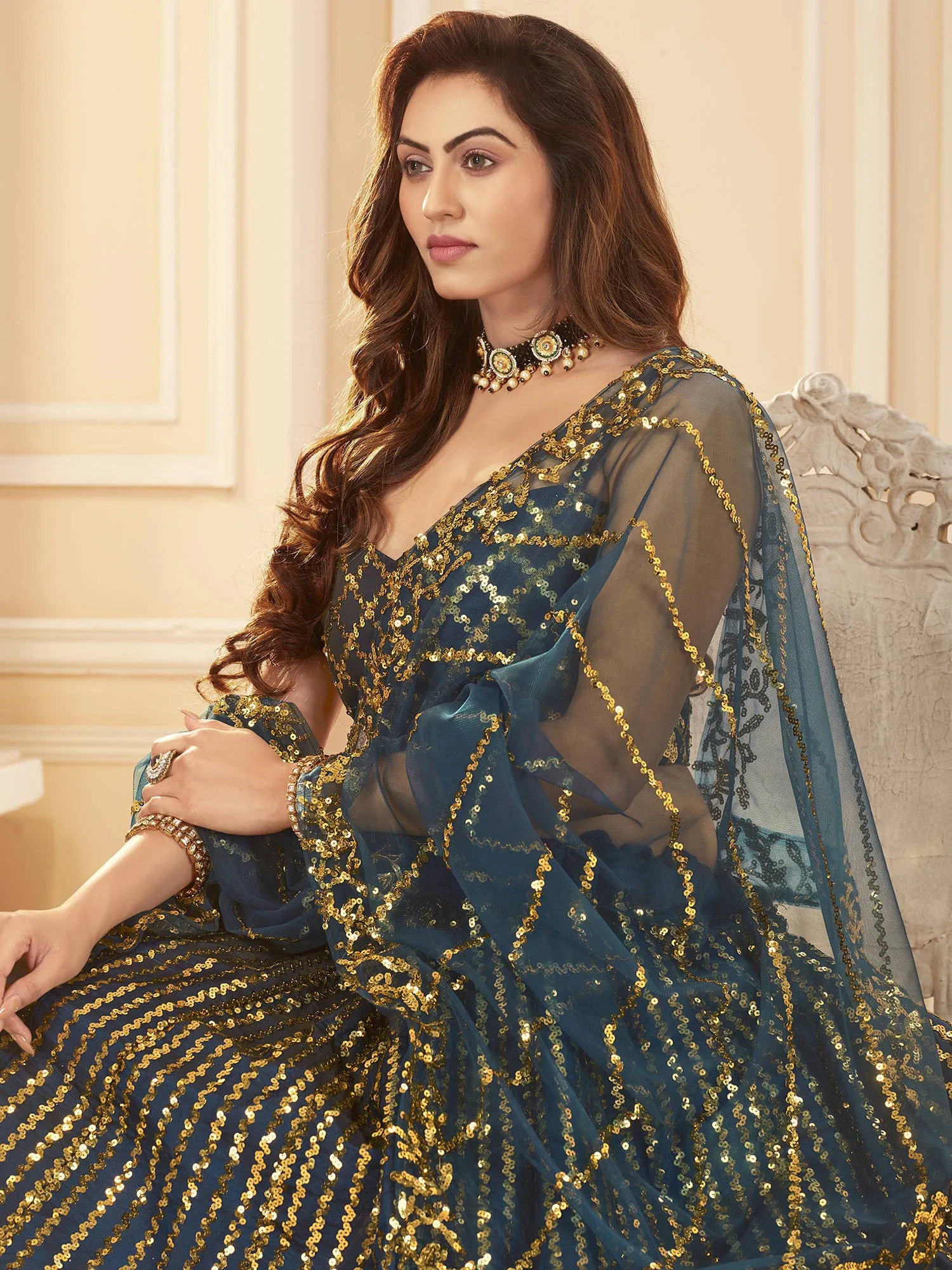 Blue & Golden Sequins Embroidered Wedding Lehenga Choli