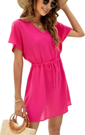 Bluetime Women Casual Swim Cover up V-Neck Summer Coverups Flowy Short Sleeve Mini Beach Dress