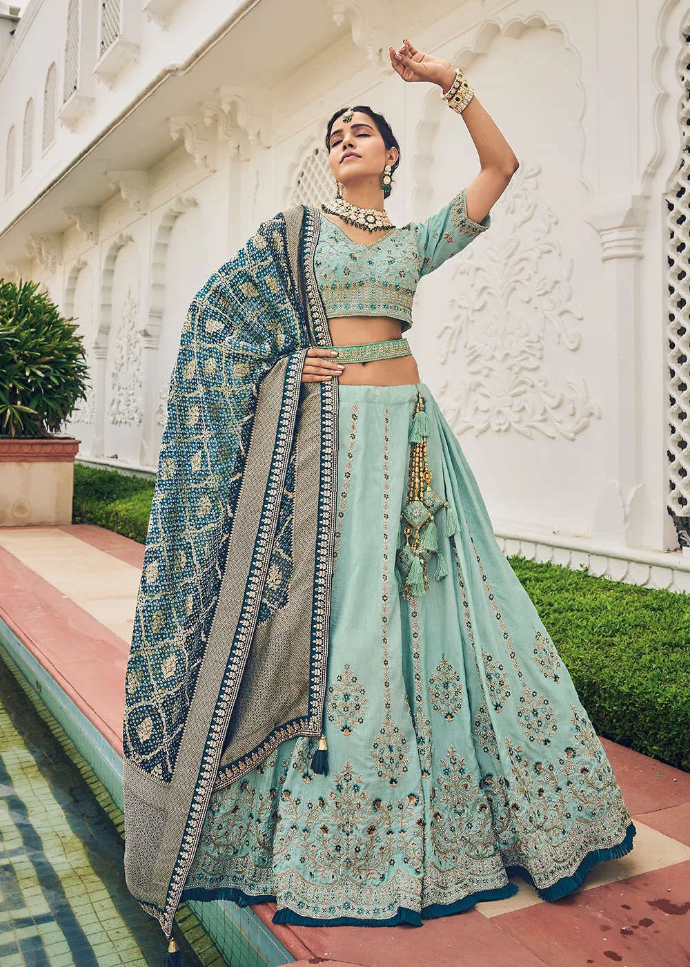 Captivating Sky Blue Viscose Silk Traditional Bridal Lehenga Choli