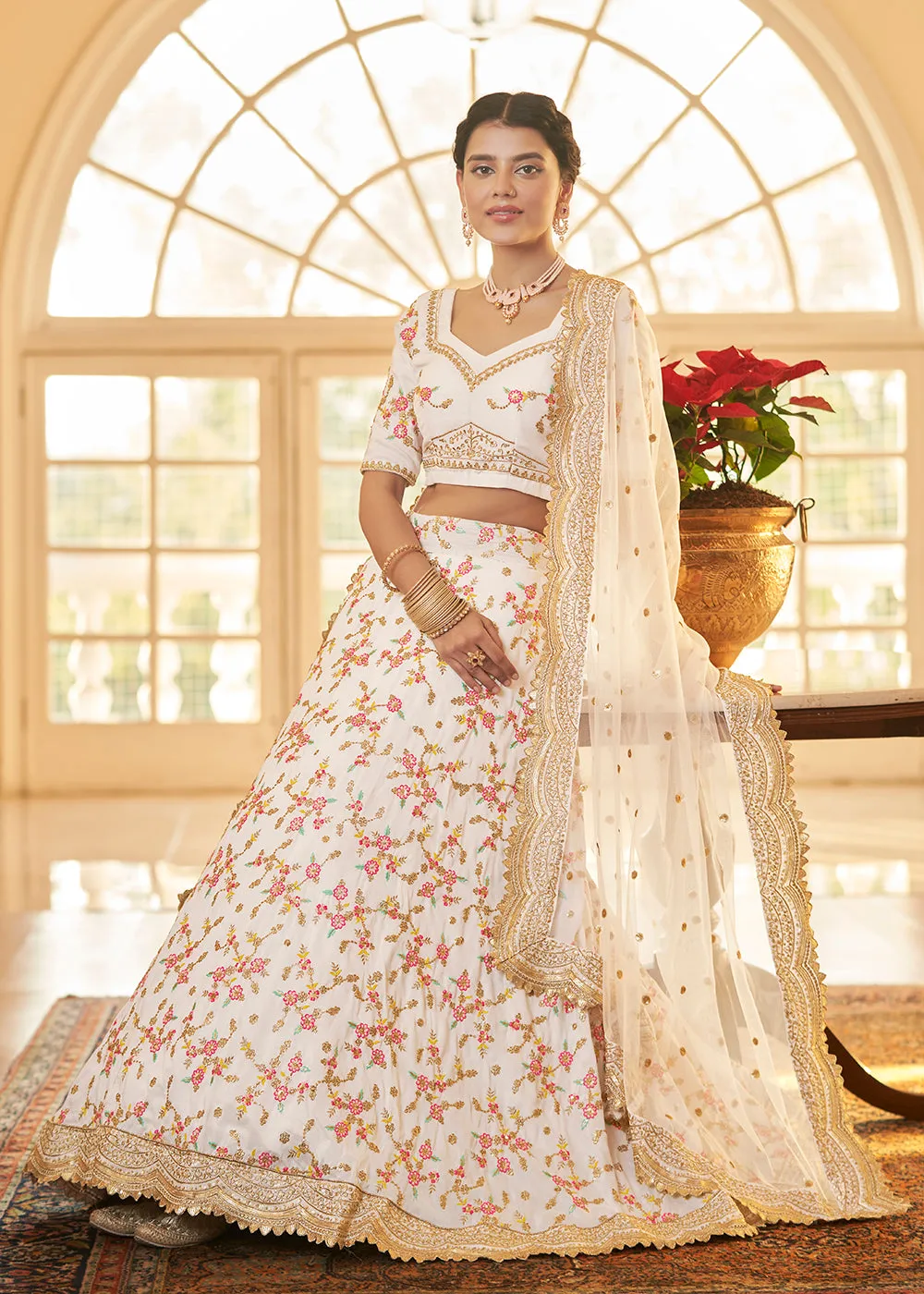 Chinon Silk White Multi Embroidered Wedding Lehenga Choli