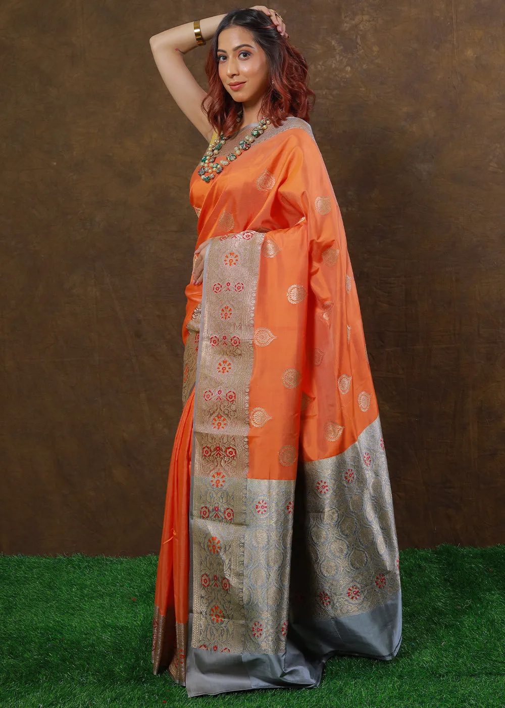 Coral Orange Hand Woven Pure Katan Silk Saree