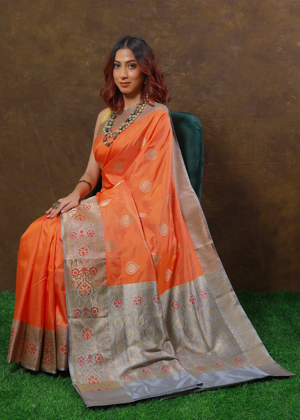 Coral Orange Hand Woven Pure Katan Silk Saree