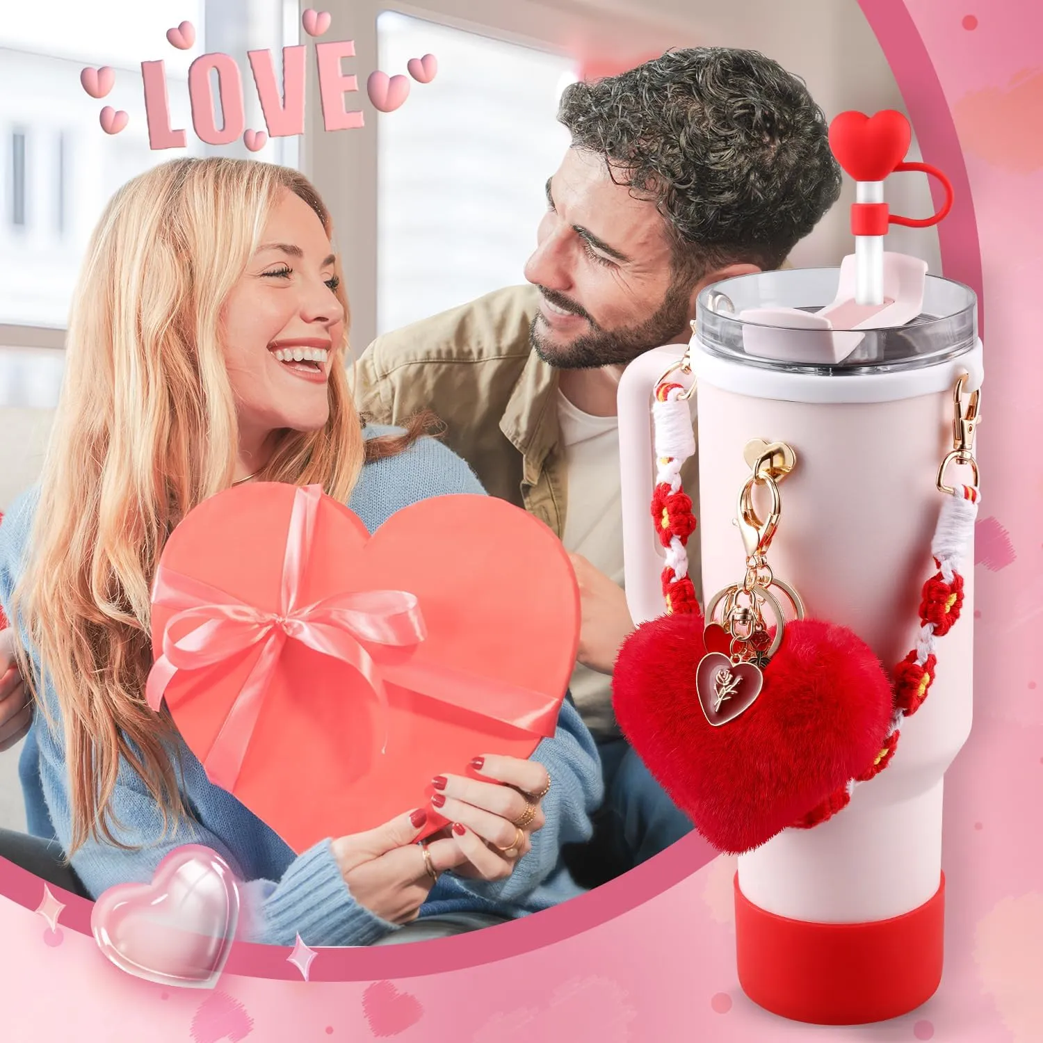 Cup Red Accessories Set for Stanley Cup,Water Bottle Handle Strap, Siliocne Boot, Red Rose Straw Cover, Heart Charms, Straw Topper for 40oz & 30oz Tumbler 8 Pcs