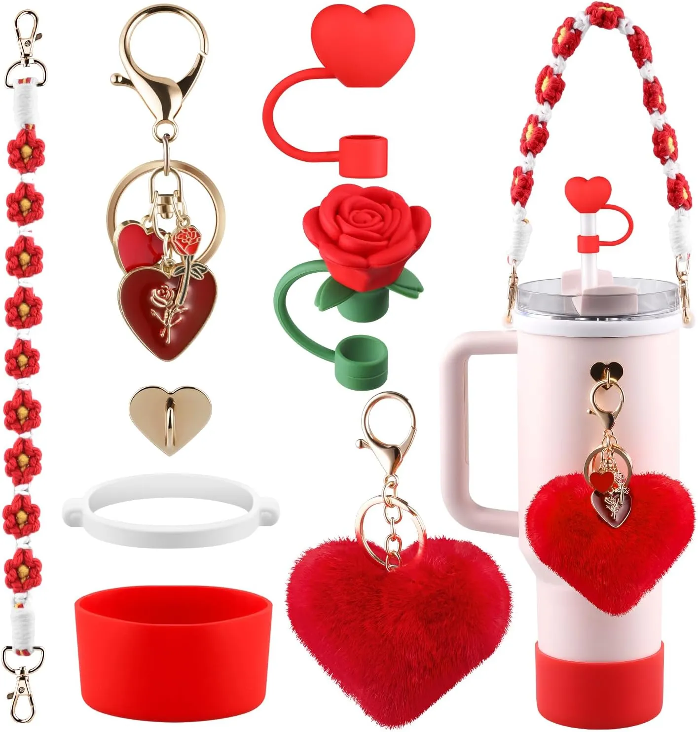 Cup Red Accessories Set for Stanley Cup,Water Bottle Handle Strap, Siliocne Boot, Red Rose Straw Cover, Heart Charms, Straw Topper for 40oz & 30oz Tumbler 8 Pcs