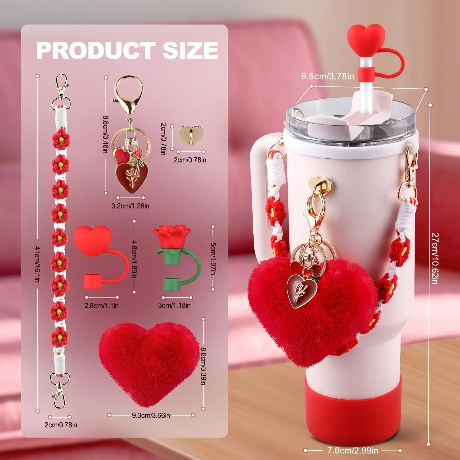 Cup Red Accessories Set for Stanley Cup,Water Bottle Handle Strap, Siliocne Boot, Red Rose Straw Cover, Heart Charms, Straw Topper for 40oz & 30oz Tumbler 8 Pcs