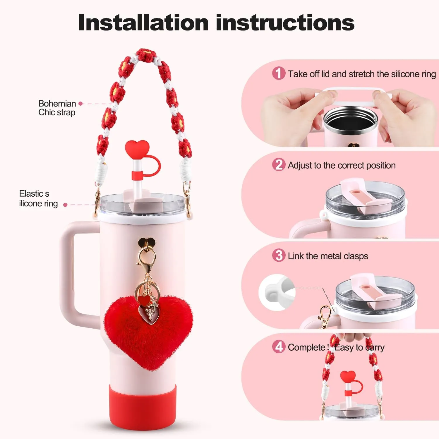 Cup Red Accessories Set for Stanley Cup,Water Bottle Handle Strap, Siliocne Boot, Red Rose Straw Cover, Heart Charms, Straw Topper for 40oz & 30oz Tumbler 8 Pcs