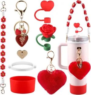 Cup Red Accessories Set for Stanley Cup,Water Bottle Handle Strap, Siliocne Boot, Red Rose Straw Cover, Heart Charms, Straw Topper for 40oz & 30oz Tumbler 8 Pcs