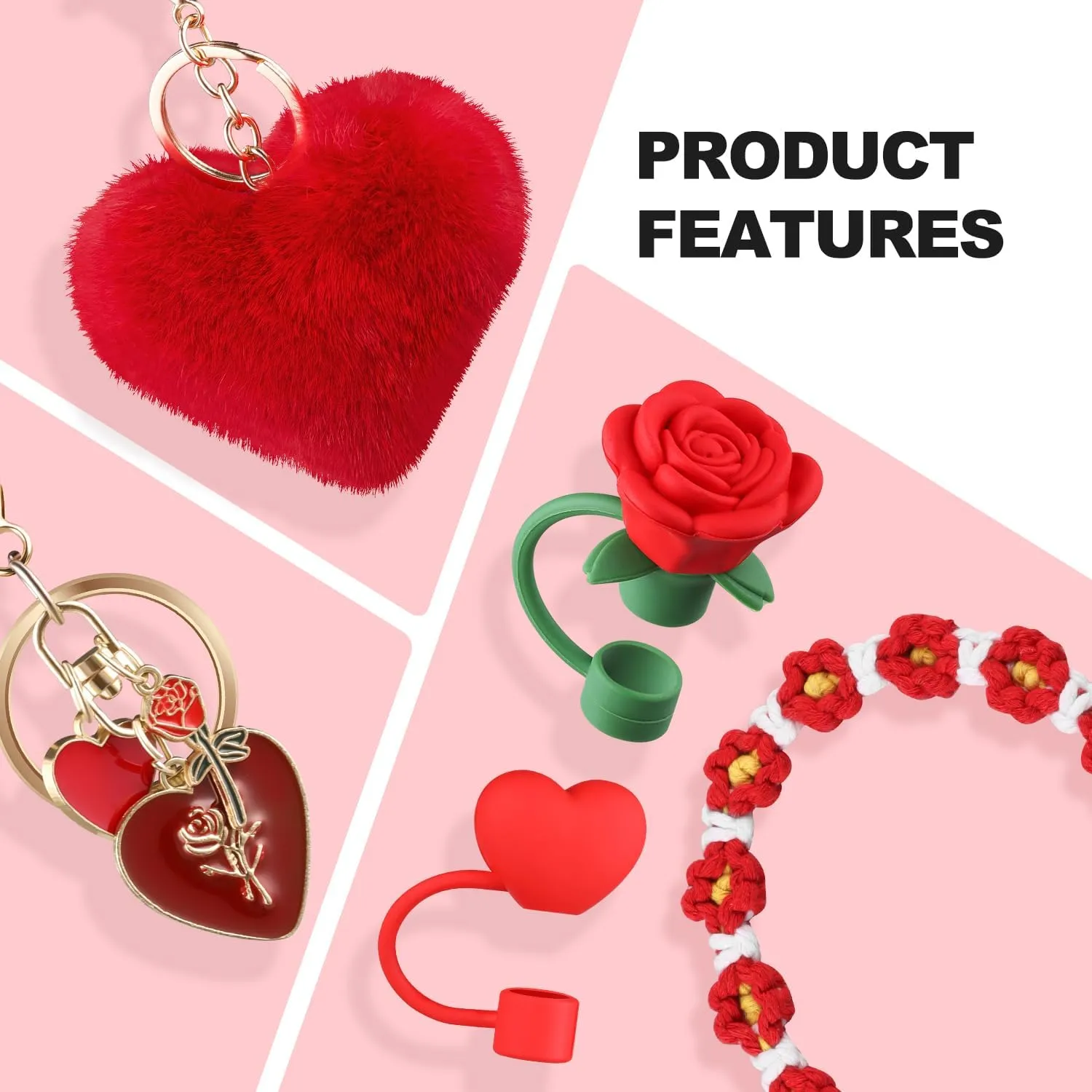 Cup Red Accessories Set for Stanley Cup,Water Bottle Handle Strap, Siliocne Boot, Red Rose Straw Cover, Heart Charms, Straw Topper for 40oz & 30oz Tumbler 8 Pcs