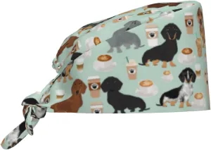 Cute Pug Dog Print Working Cap Scrub Cap with Sweatband,Adjustable Fashion Bandage Tie Back Hat Headwear for Women Men